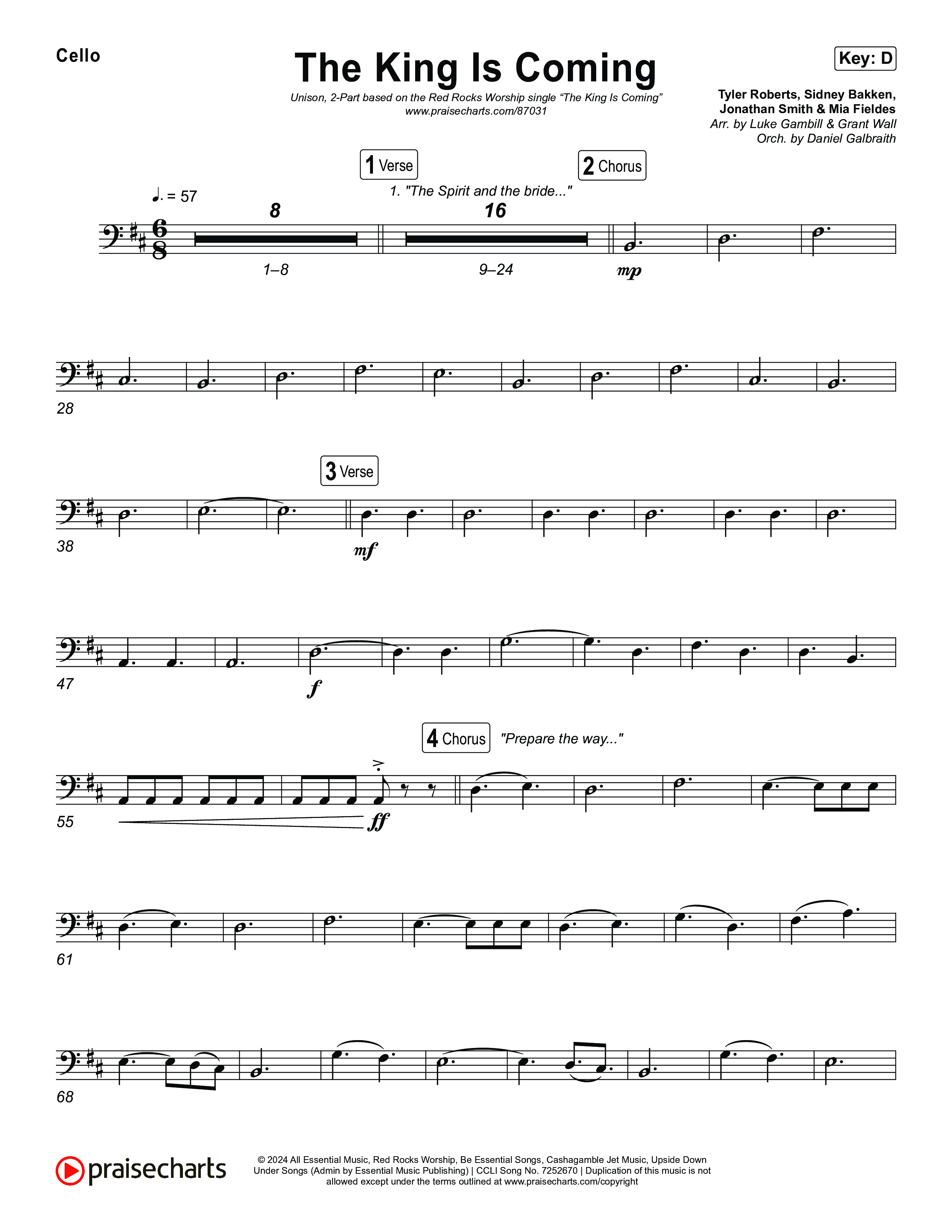 The King Is Coming (Unison/2-Part) Cello (Red Rocks Worship / Arr. Luke Gambill)