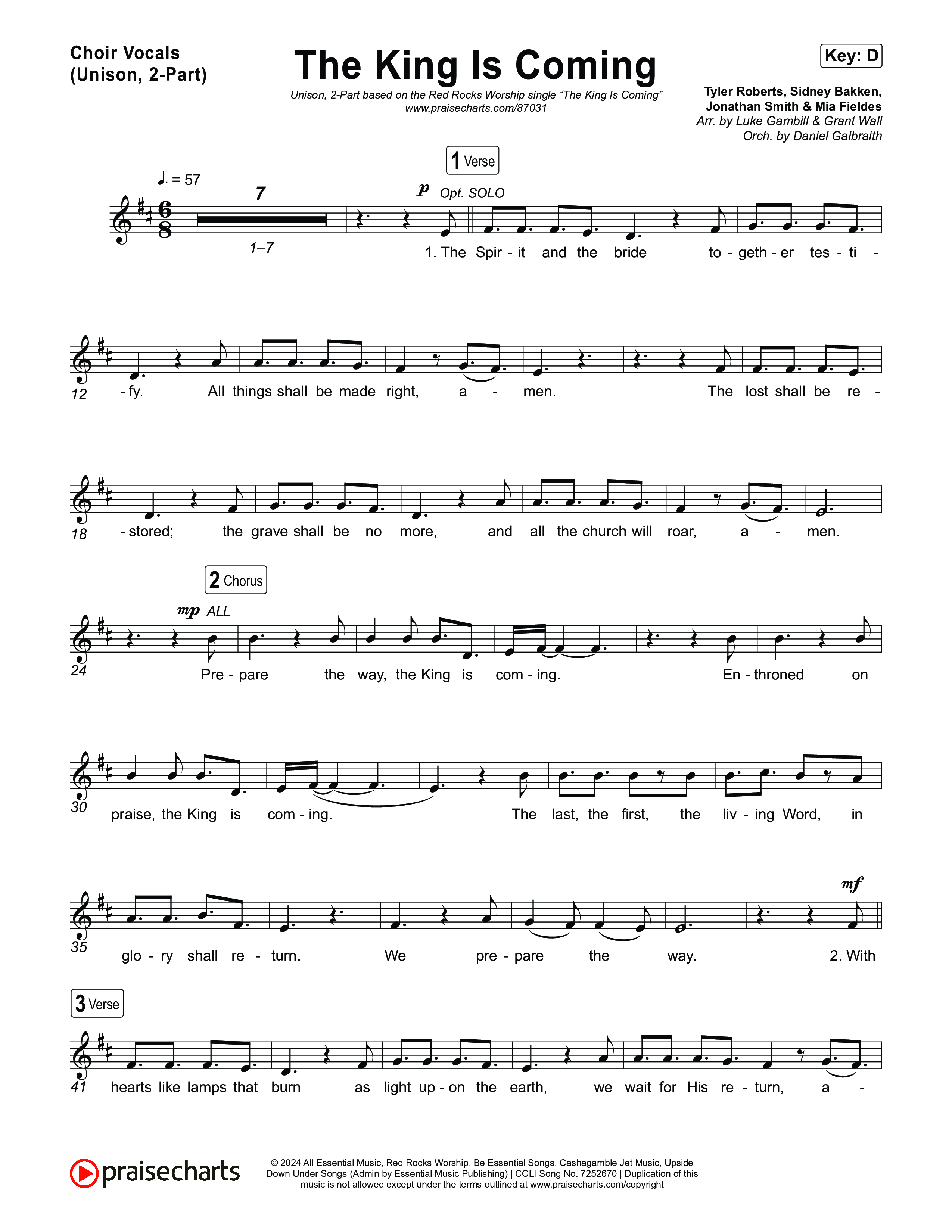 The King Is Coming (Unison/2-Part) Choir Vocals (Uni/2-Part) (Red Rocks Worship / Arr. Luke Gambill)