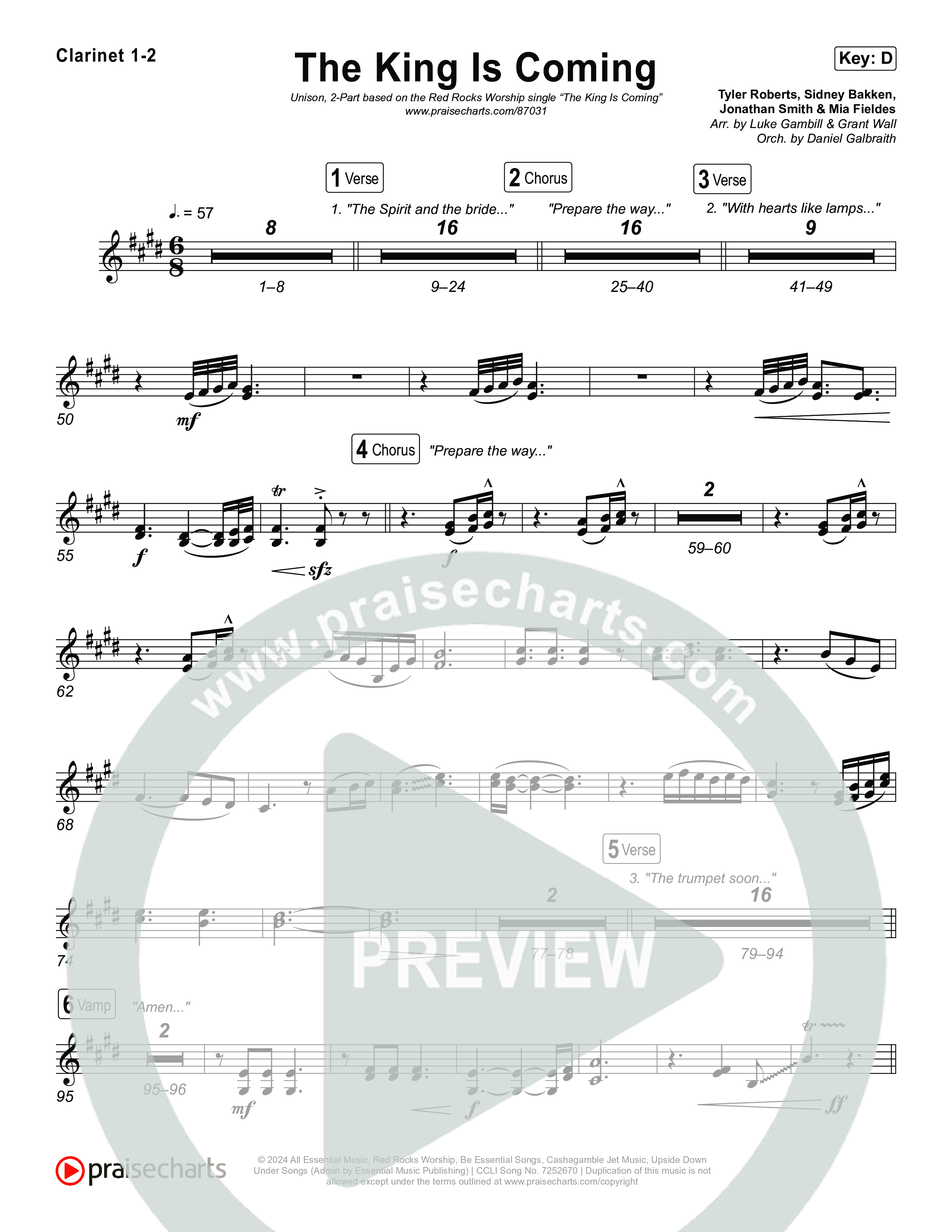 The King Is Coming (Unison/2-Part) Clarinet 1/2 (Red Rocks Worship / Arr. Luke Gambill)