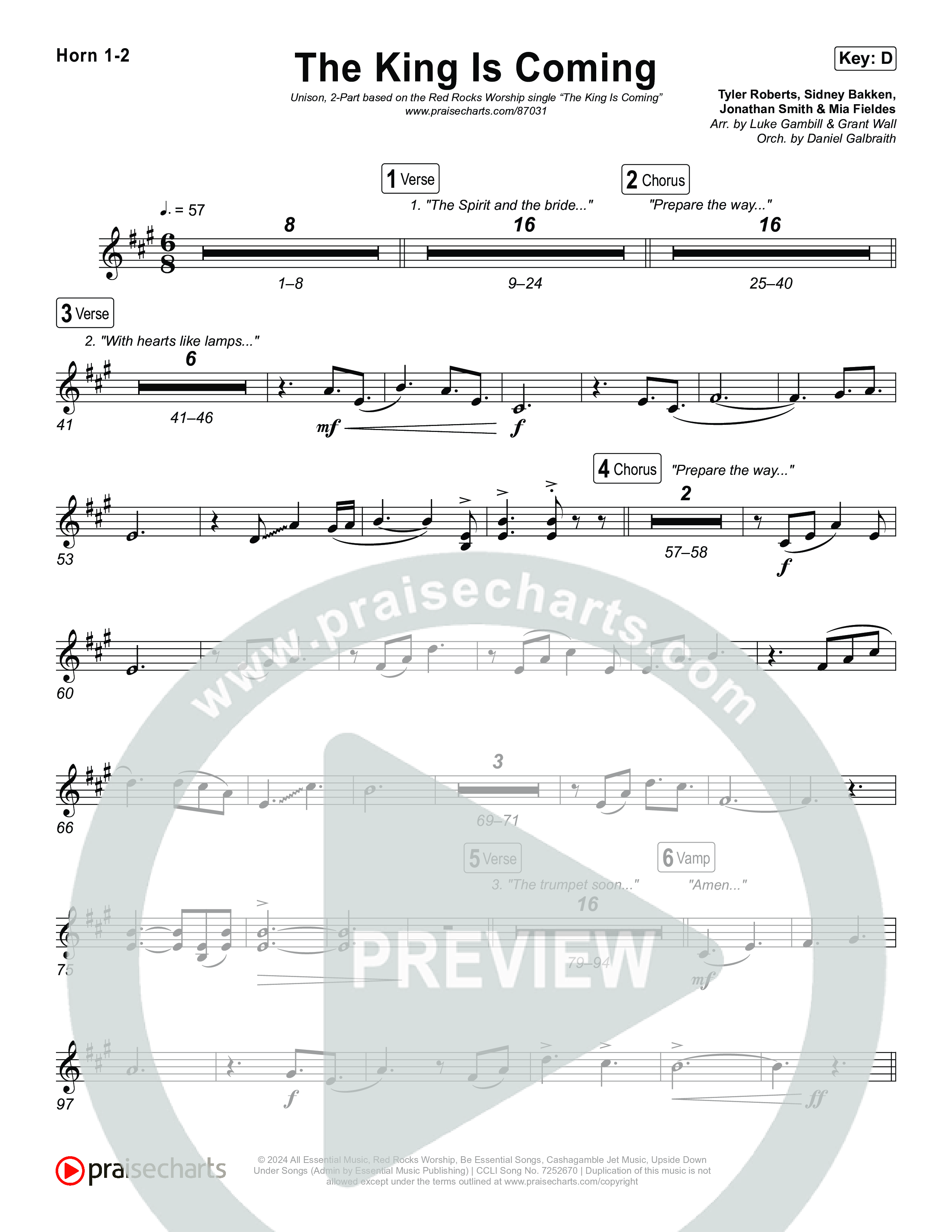 The King Is Coming (Unison/2-Part) French Horn 1/2 (Red Rocks Worship / Arr. Luke Gambill)