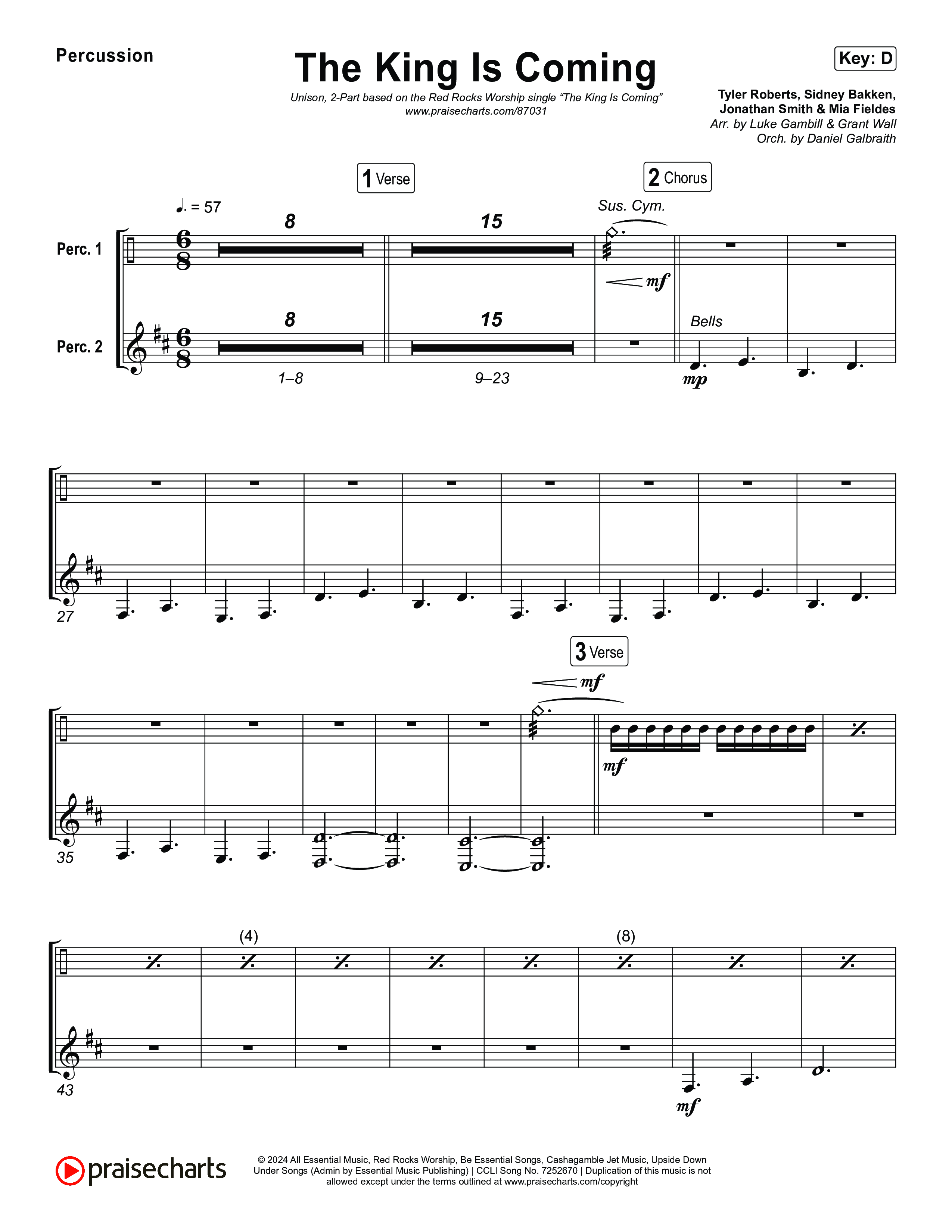 The King Is Coming (Unison/2-Part) Percussion (Red Rocks Worship / Arr. Luke Gambill)