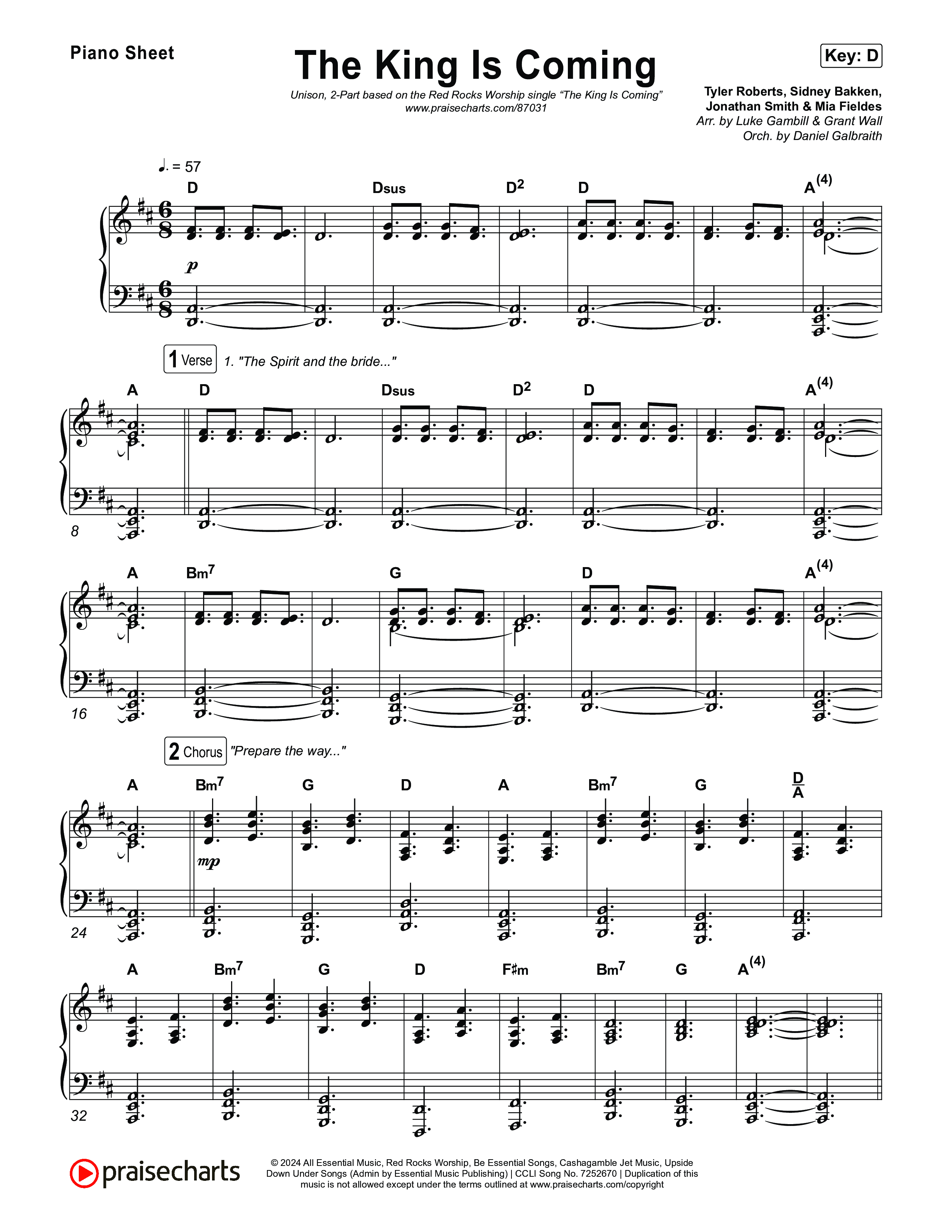 The King Is Coming (Unison/2-Part) Piano Sheet (Red Rocks Worship / Arr. Luke Gambill)