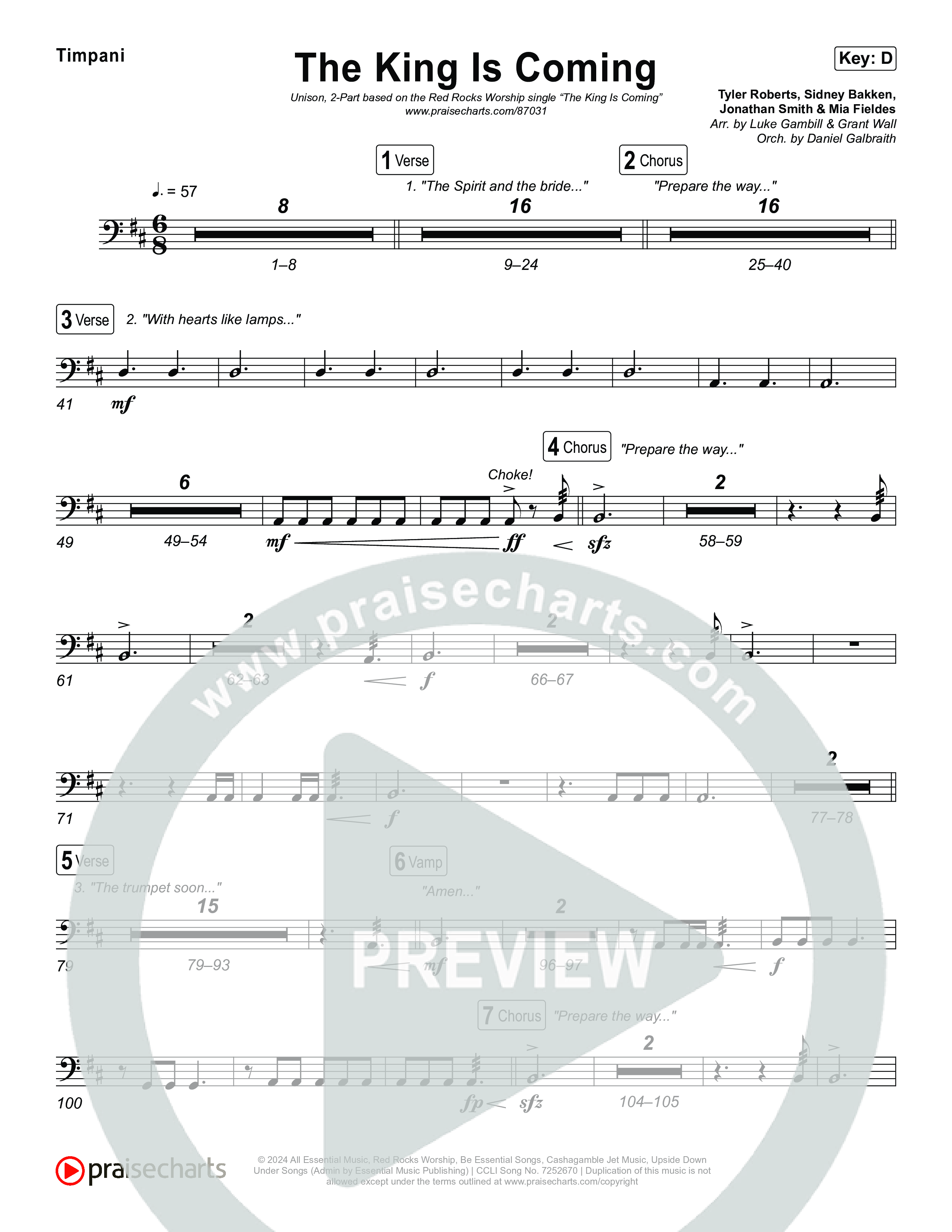 The King Is Coming (Unison/2-Part) Timpani (Red Rocks Worship / Arr. Luke Gambill)