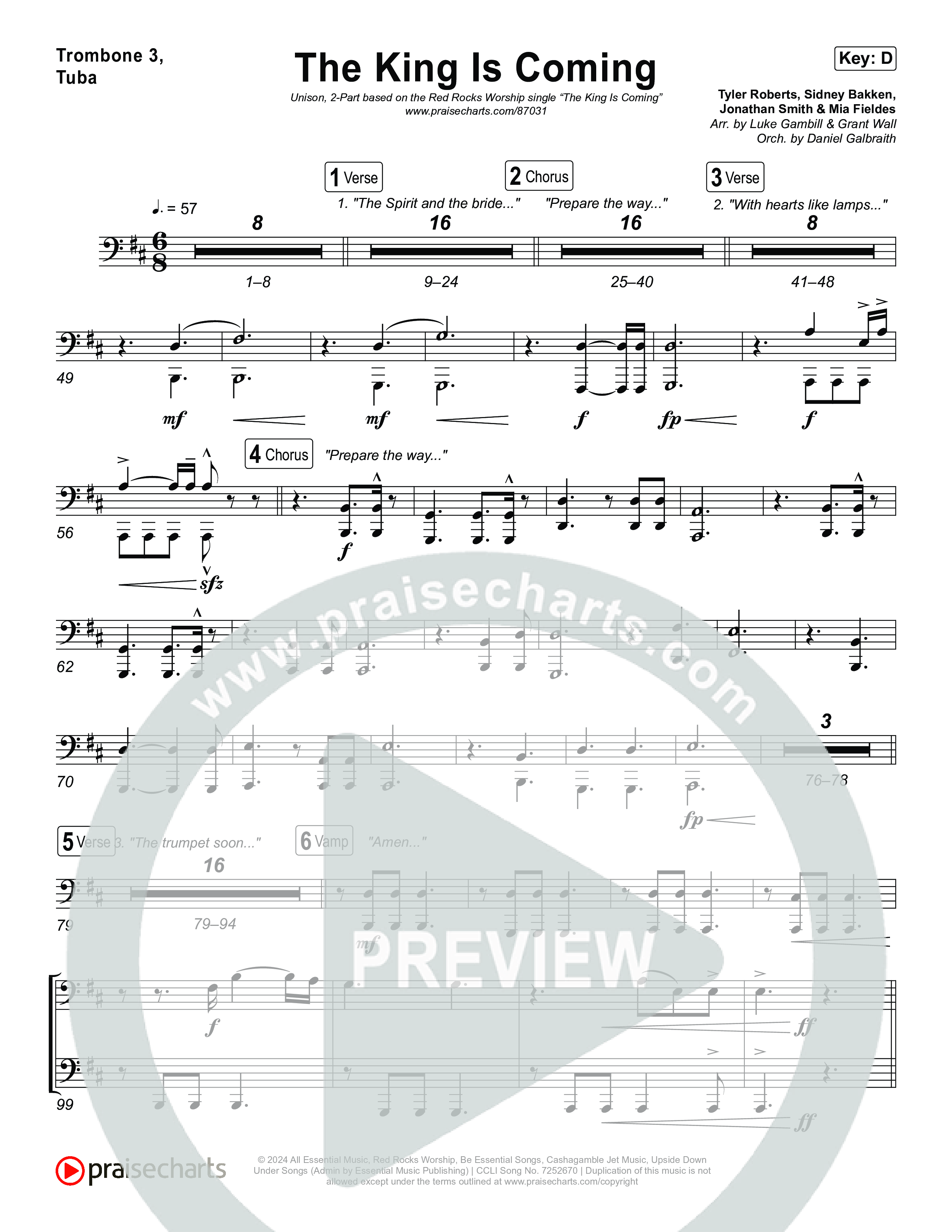 The King Is Coming (Unison/2-Part) Trombone 3/Tuba (Red Rocks Worship / Arr. Luke Gambill)