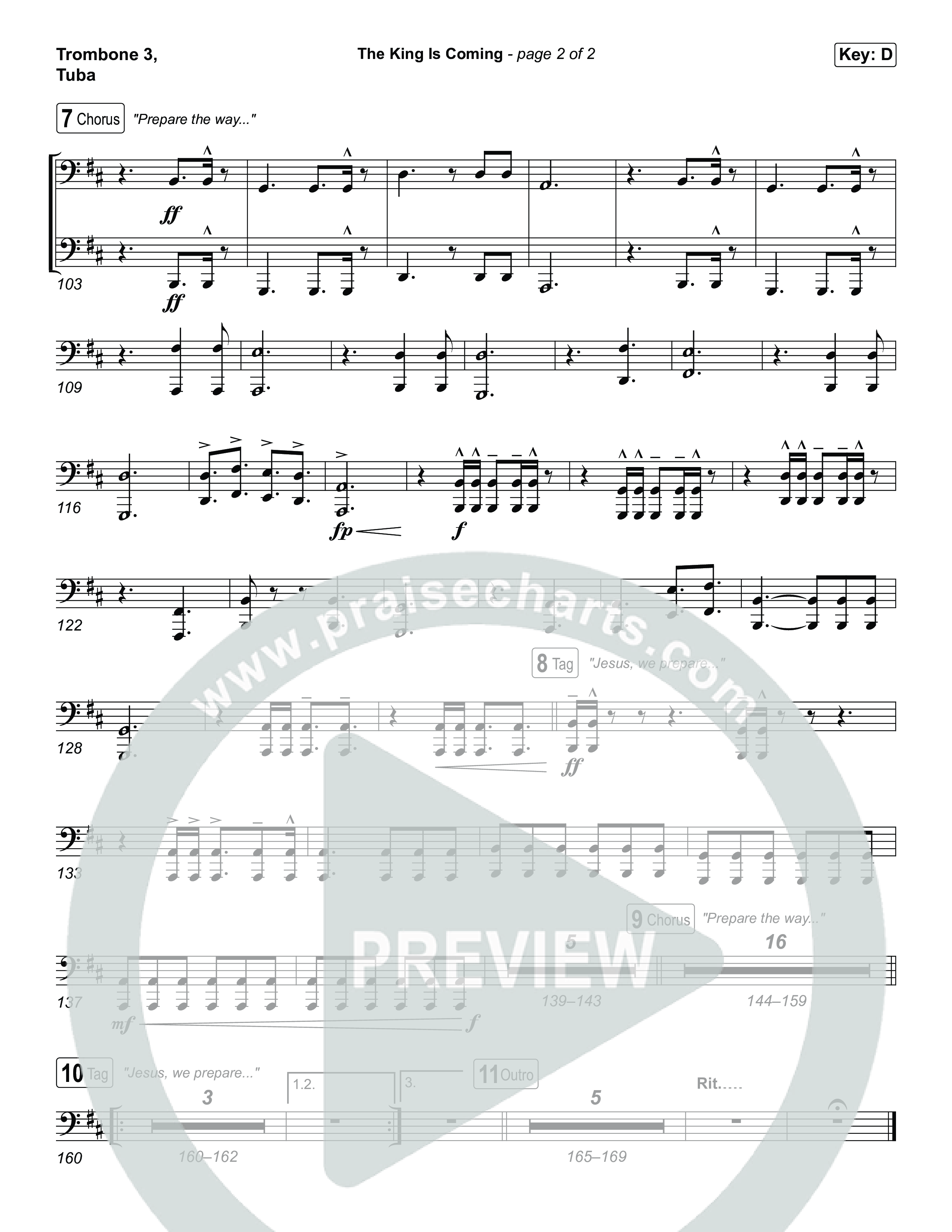 The King Is Coming (Unison/2-Part) Trombone 3/Tuba (Red Rocks Worship / Arr. Luke Gambill)