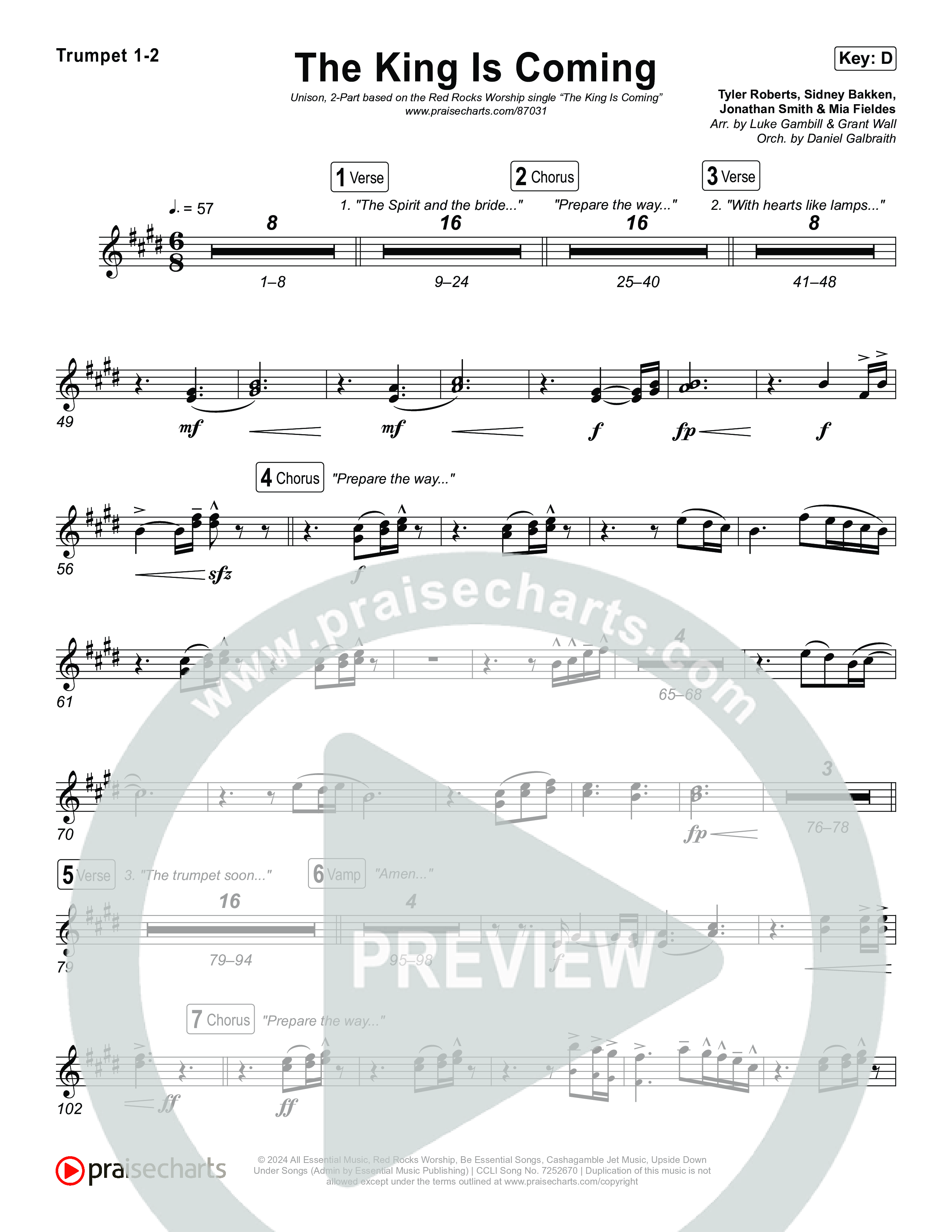 The King Is Coming (Unison/2-Part) Trumpet 1,2 (Red Rocks Worship / Arr. Luke Gambill)