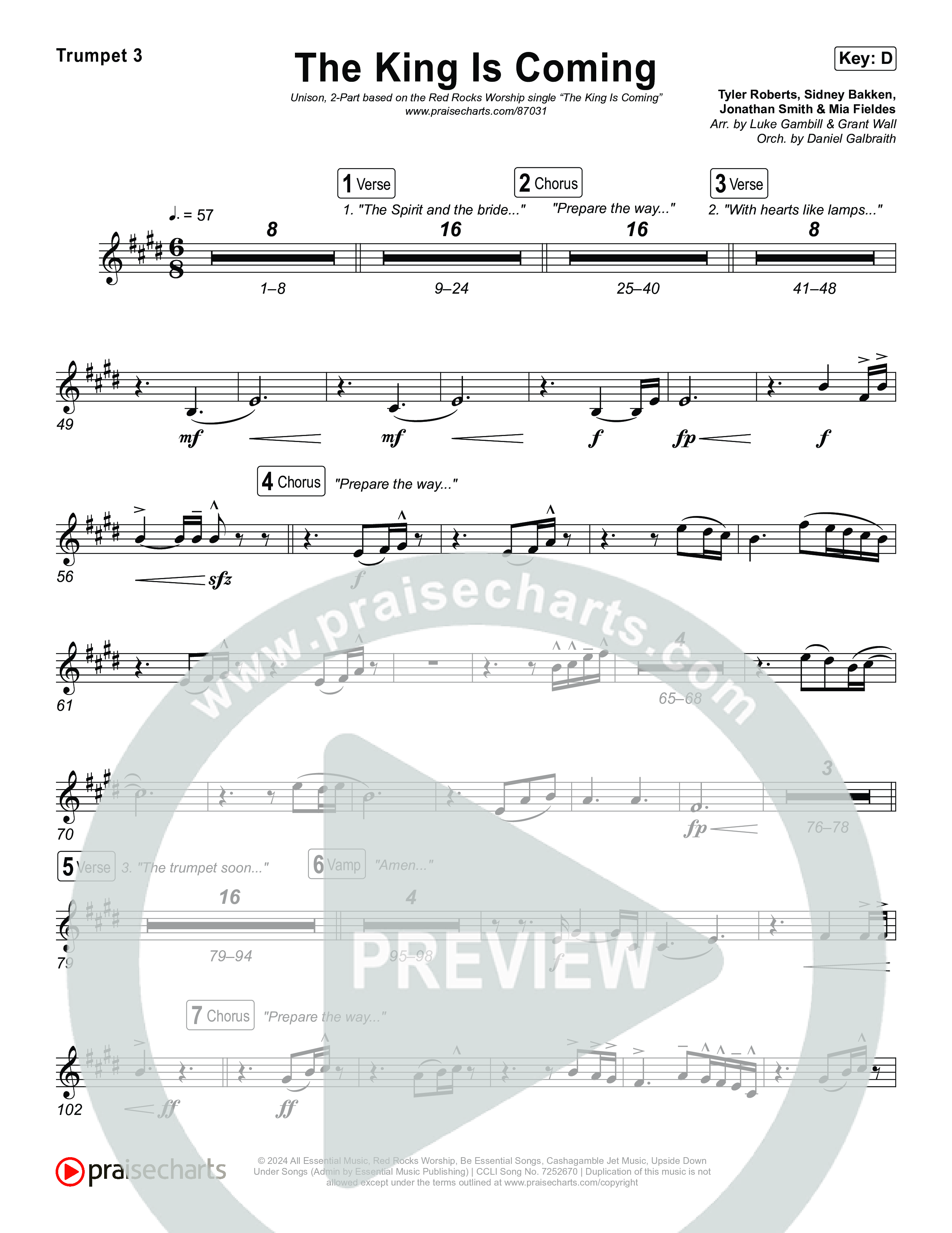 The King Is Coming (Unison/2-Part) Trumpet 3 (Red Rocks Worship / Arr. Luke Gambill)