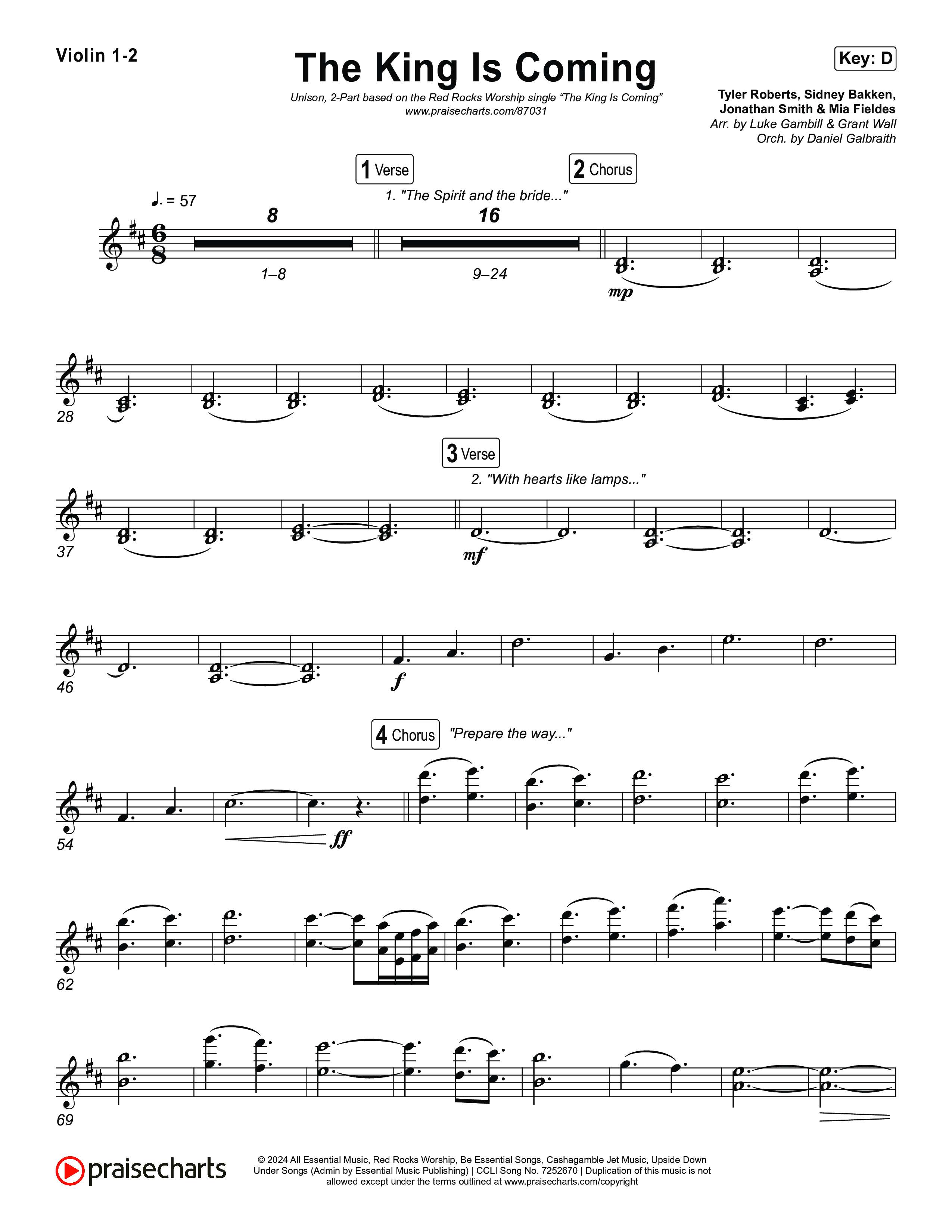 The King Is Coming (Unison/2-Part) Violin 1/2 (Red Rocks Worship / Arr. Luke Gambill)