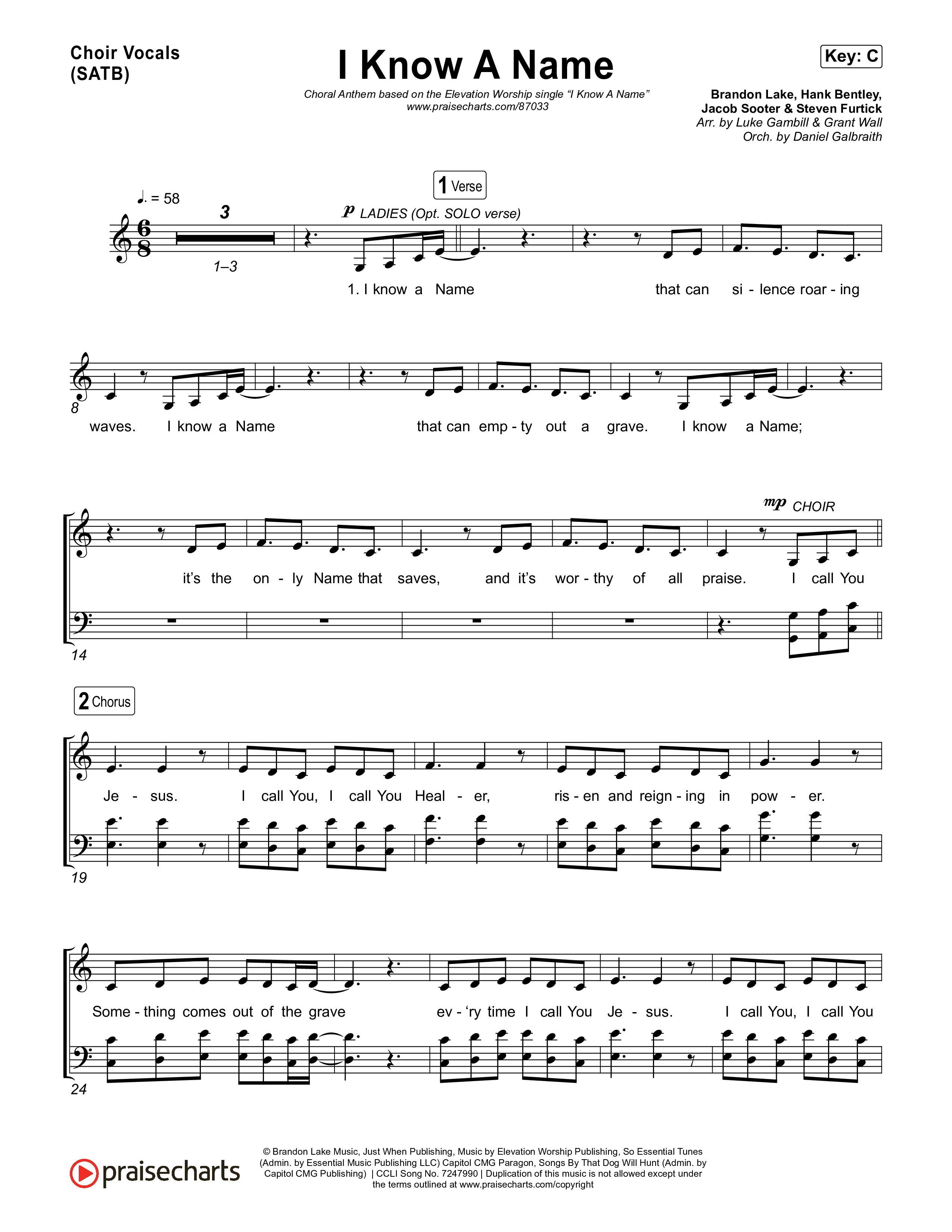 I Know A Name (Choral Anthem SATB) Choir Sheet (SATB) (Elevation Worship / Chris Brown / Brandon Lake / Arr. Luke Gambill)