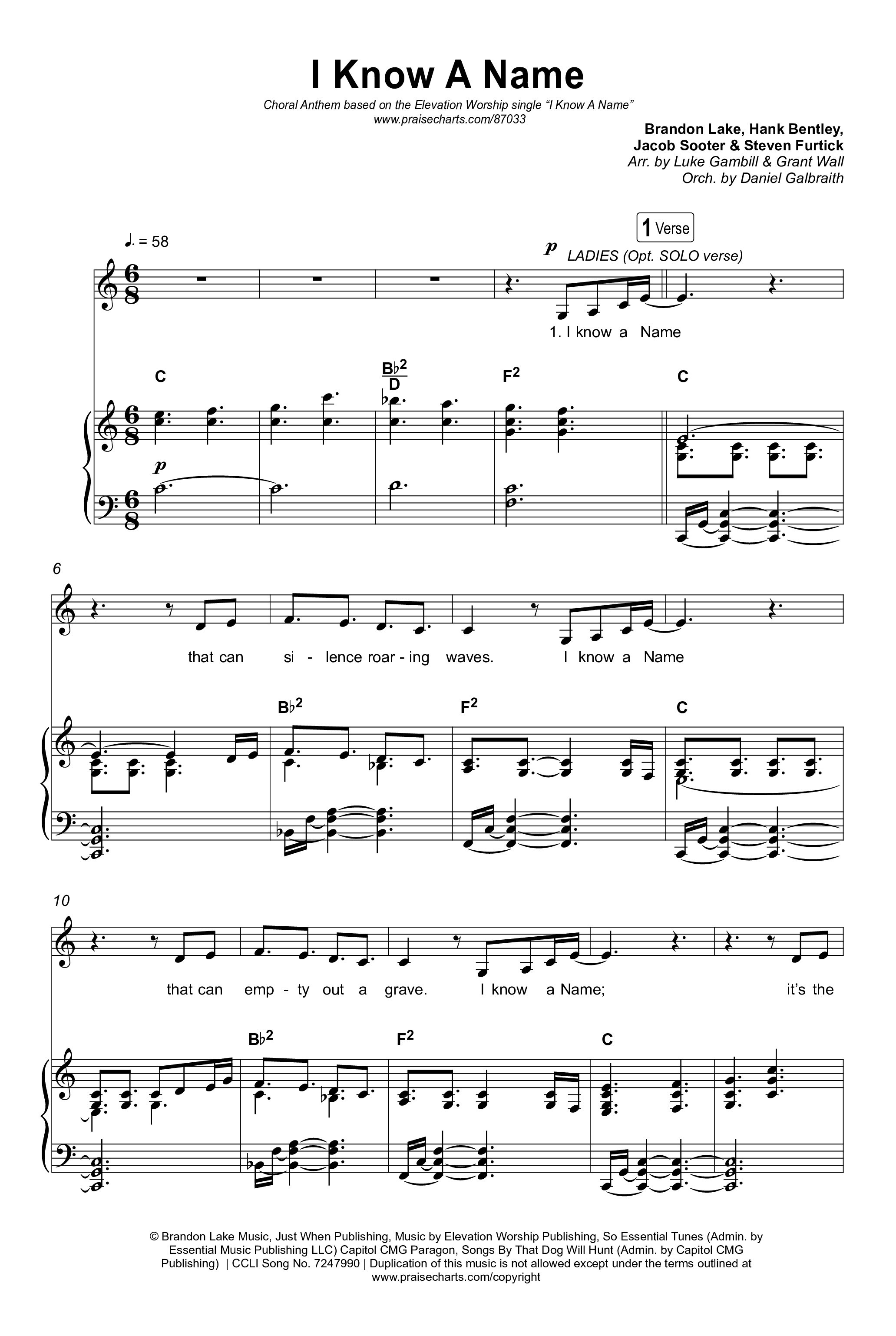 I Know A Name (Choral Anthem SATB) Octavo (SATB & Pno) (Elevation Worship / Chris Brown / Brandon Lake / Arr. Luke Gambill)
