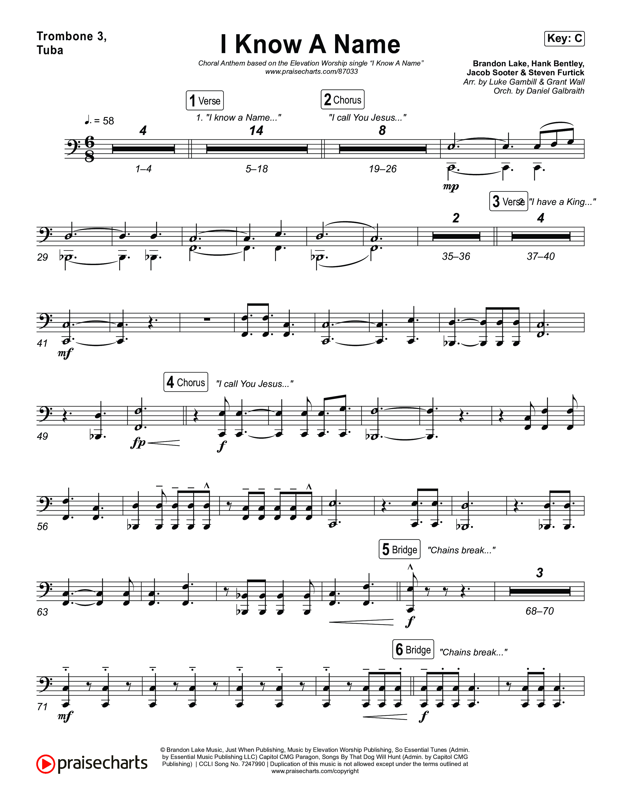 I Know A Name (Choral Anthem SATB) Trombone 3/Tuba (Elevation Worship / Chris Brown / Brandon Lake / Arr. Luke Gambill)