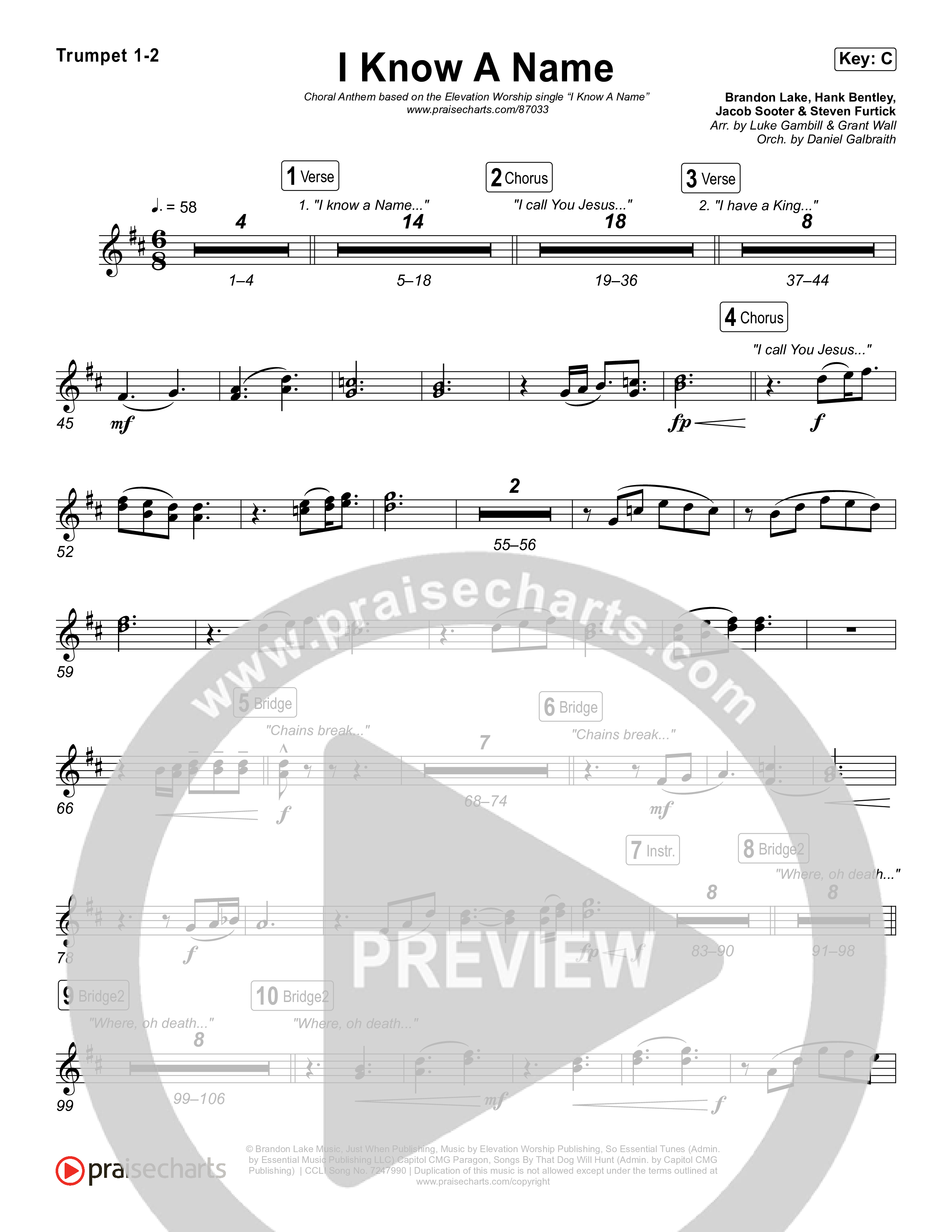 I Know A Name (Choral Anthem SATB) Trumpet 1,2 (Elevation Worship / Chris Brown / Brandon Lake / Arr. Luke Gambill)