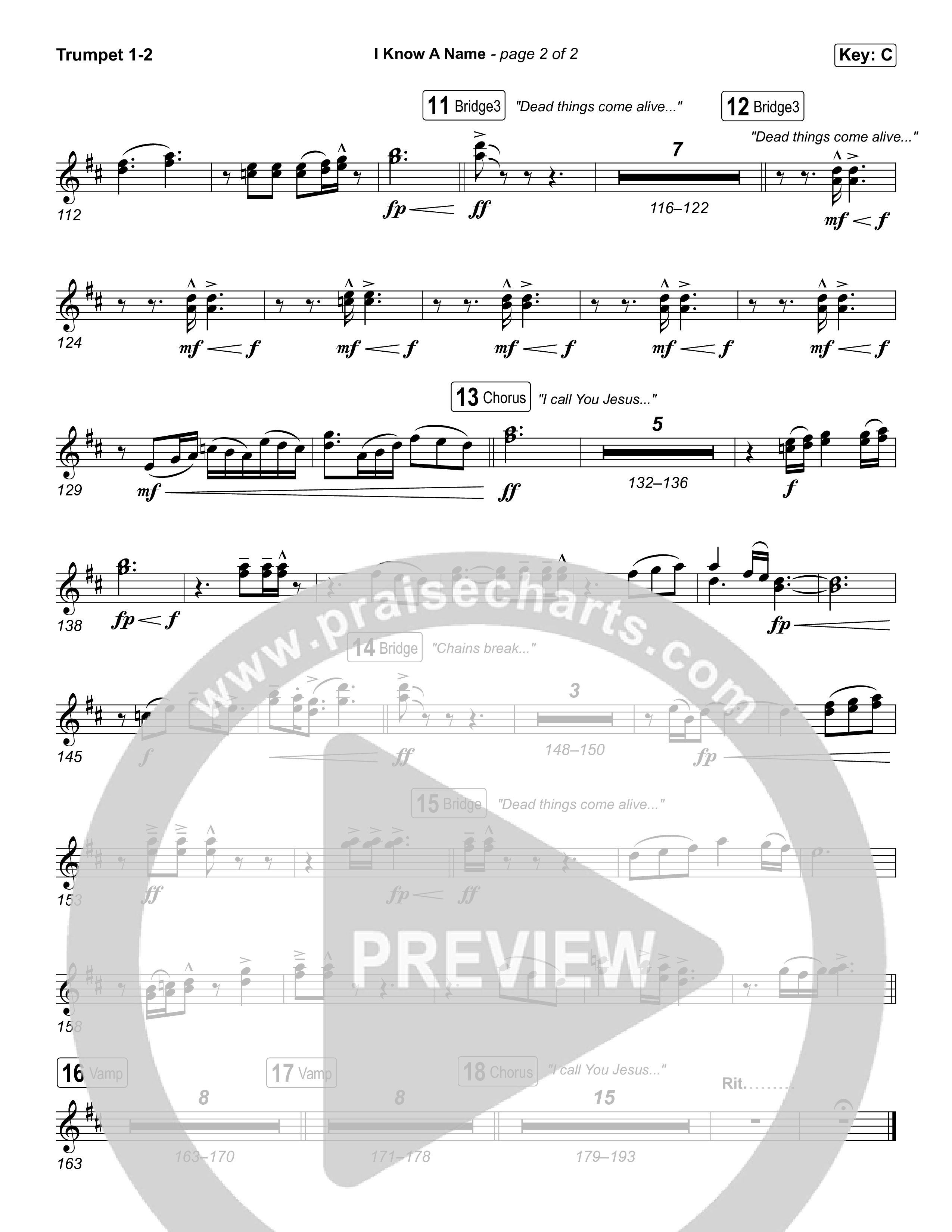 I Know A Name (Choral Anthem SATB) Trumpet 1,2 (Elevation Worship / Chris Brown / Brandon Lake / Arr. Luke Gambill)