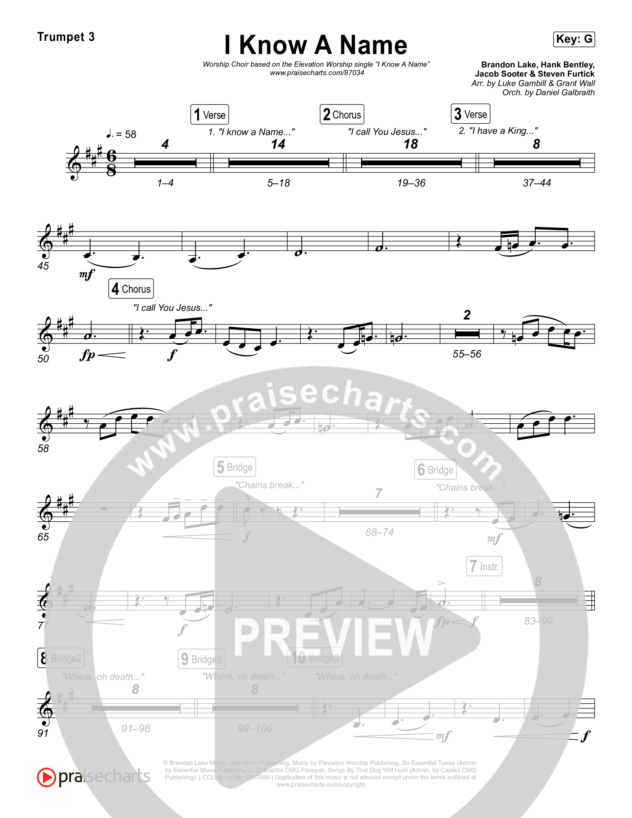 I Know A Name (Worship Choir/SAB) Trumpet 3 (Elevation Worship / Chris Brown / Brandon Lake / Arr. Luke Gambill)