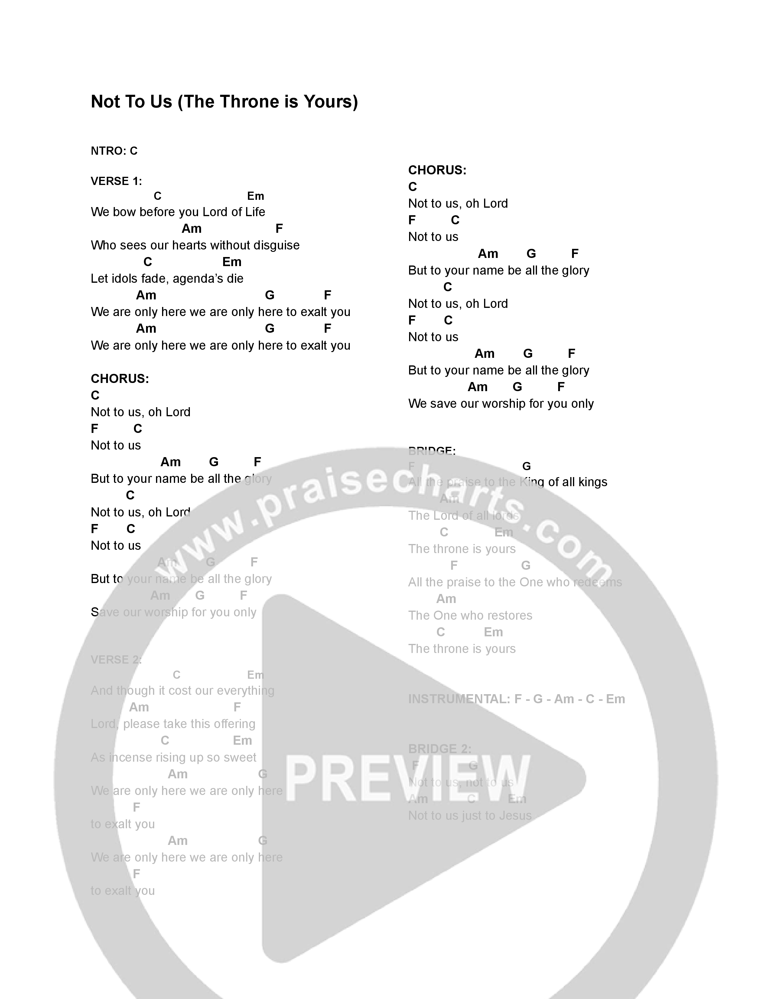 Not To Us Chord Chart (North Palm Worship)