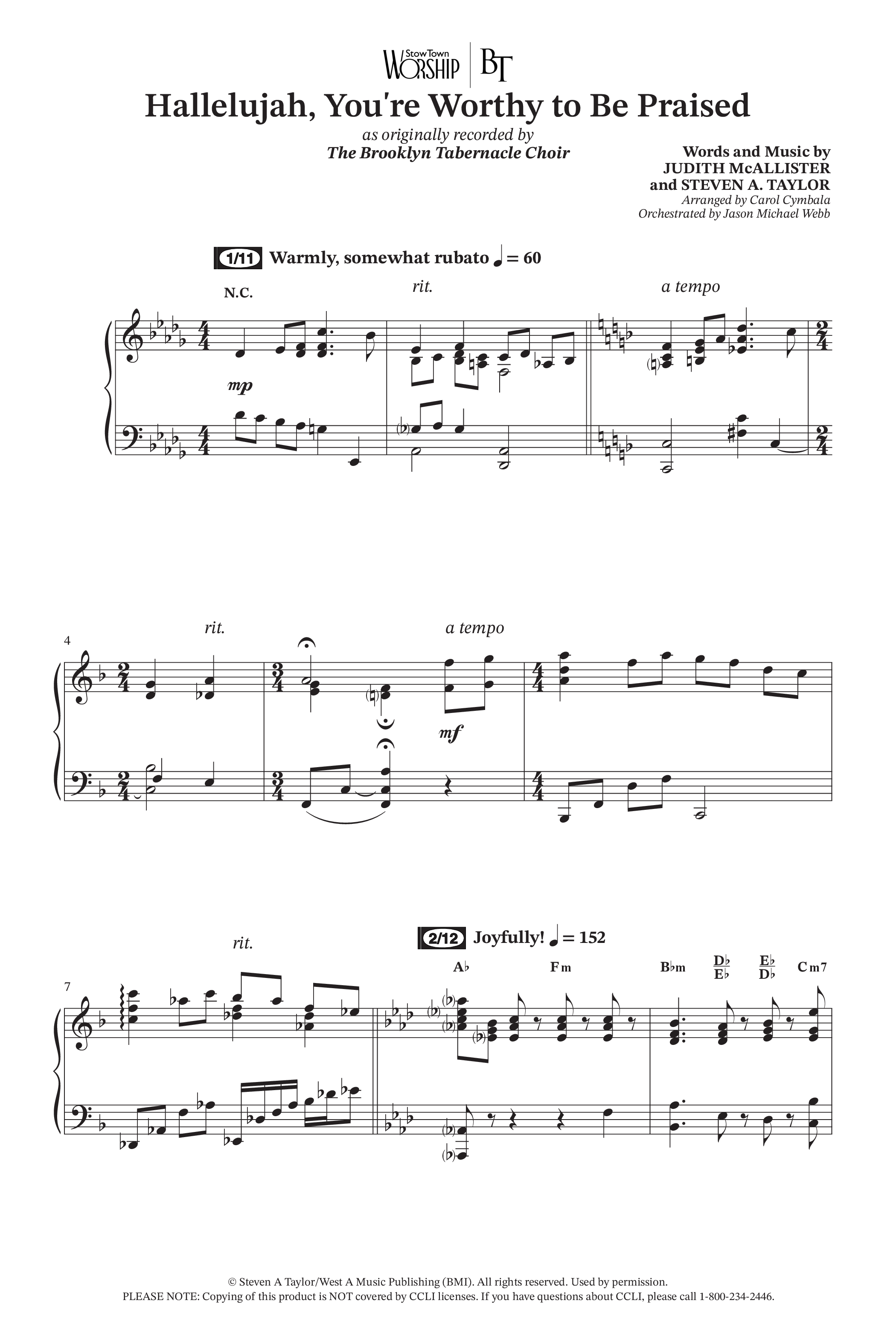 Hallelujah You're Worthy To Be Praised (Choral Anthem SATB) Octavo (SATB & Pno) (The Brooklyn Tabernacle Choir / Arr. Carol Cymbala / Orch. Jason Michael Webb)