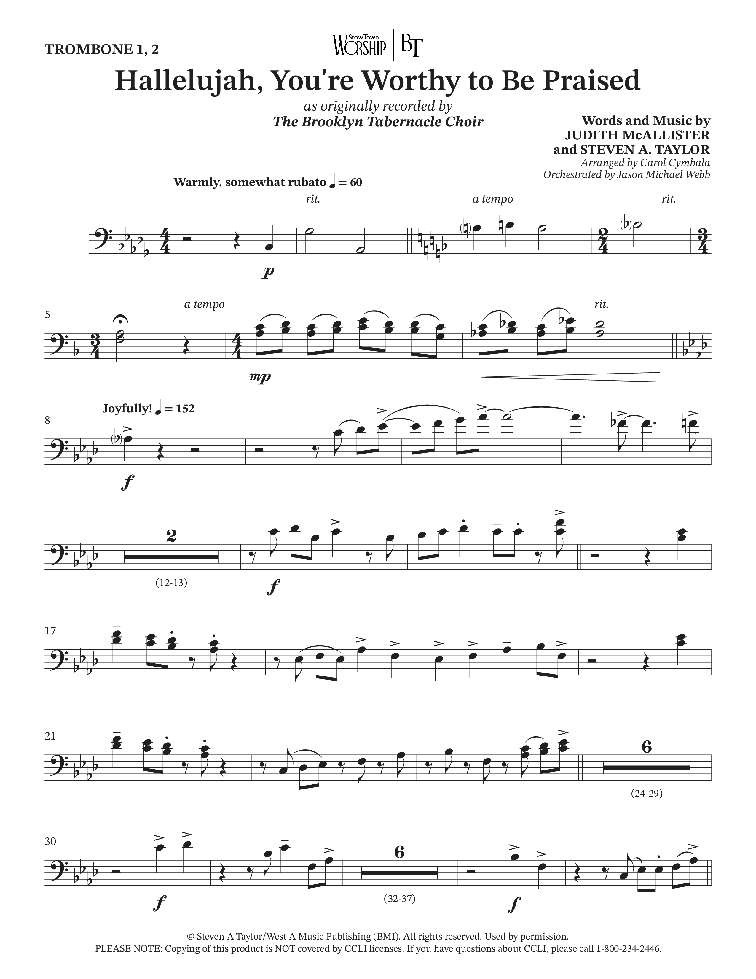 Hallelujah You're Worthy To Be Praised (Choral Anthem SATB) Trombone 1/2 (The Brooklyn Tabernacle Choir / Arr. Carol Cymbala / Orch. Jason Michael Webb)