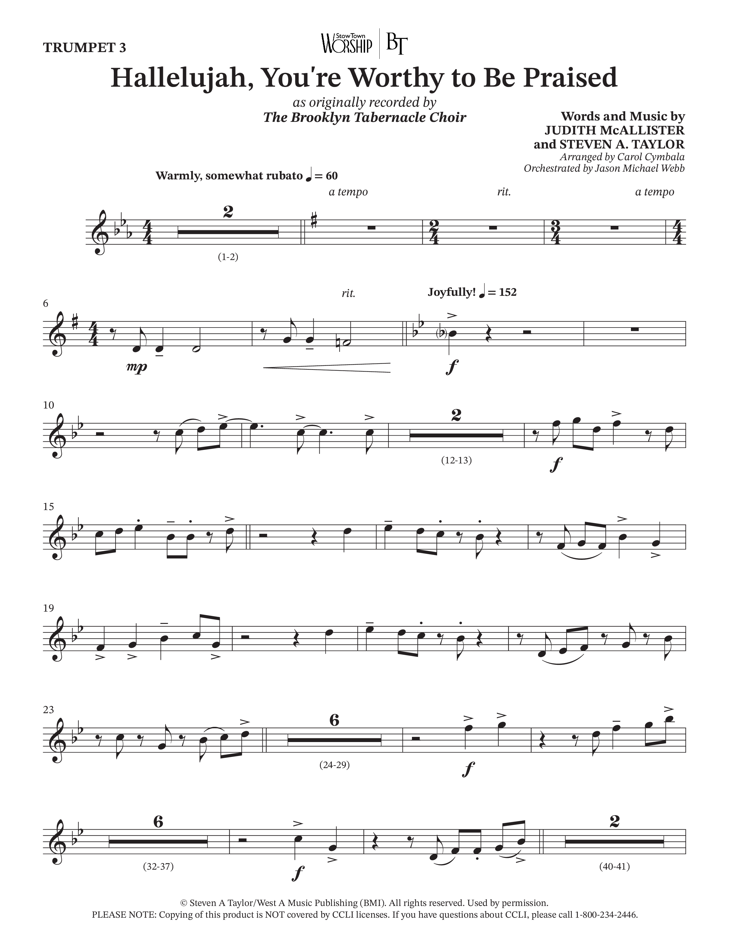 Hallelujah You're Worthy To Be Praised (Choral Anthem SATB) Trumpet 3 (The Brooklyn Tabernacle Choir / Arr. Carol Cymbala / Orch. Jason Michael Webb)