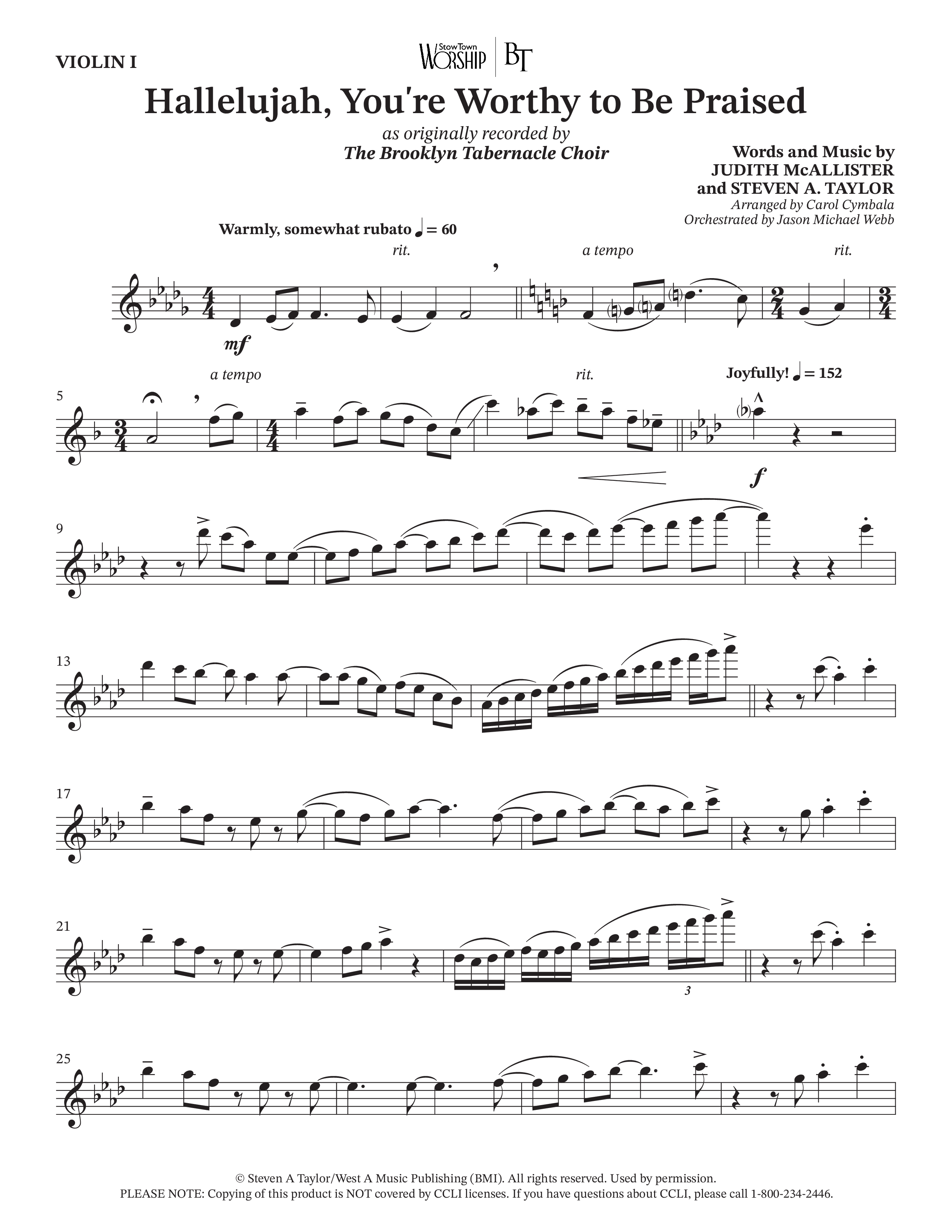 Hallelujah You're Worthy To Be Praised (Choral Anthem SATB) Violin 1 (The Brooklyn Tabernacle Choir / Arr. Carol Cymbala / Orch. Jason Michael Webb)