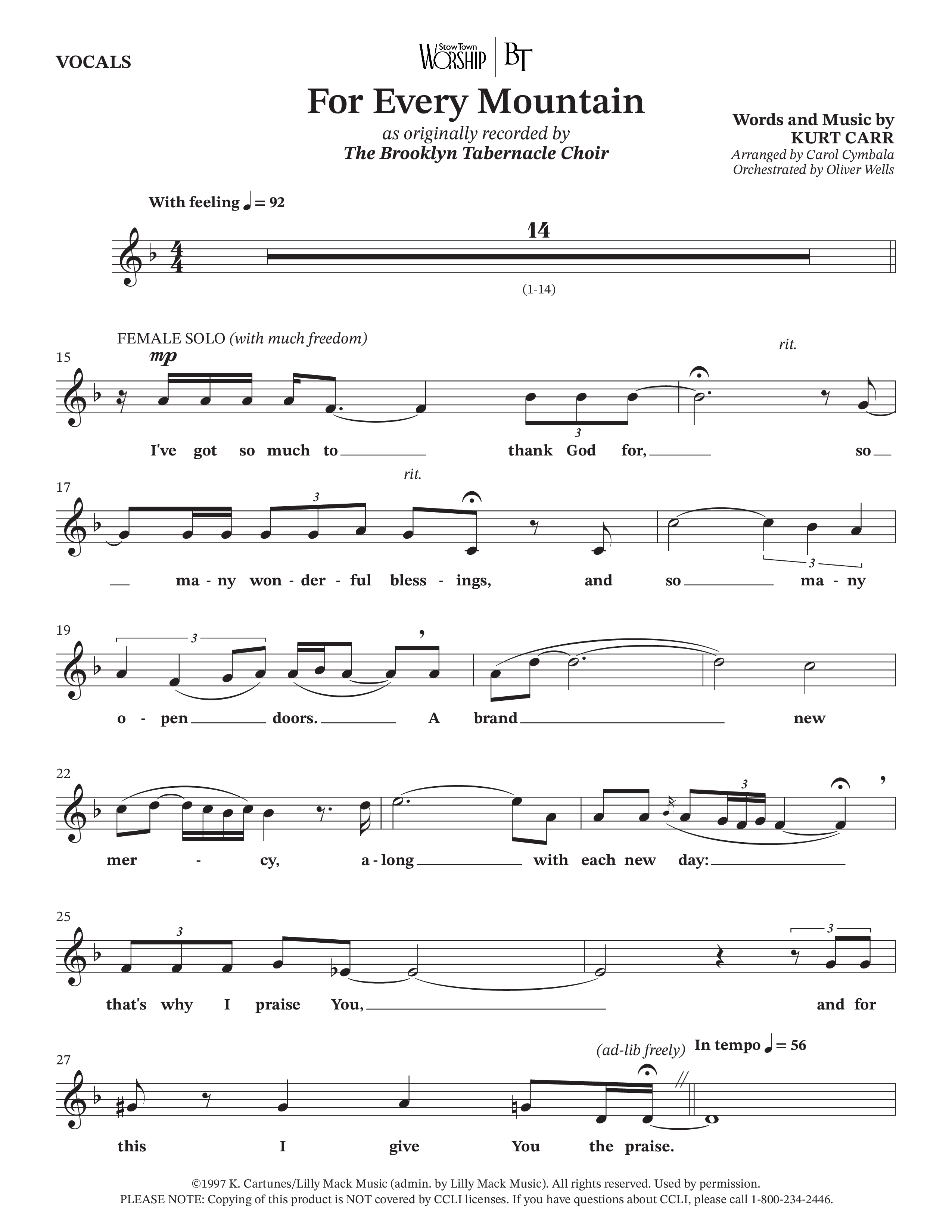 For Every Mountain (Choral Anthem SATB) Choir Sheet (The Brooklyn Tabernacle Choir / Arr. Carol Cymbala / Orch. Oliver Wells)