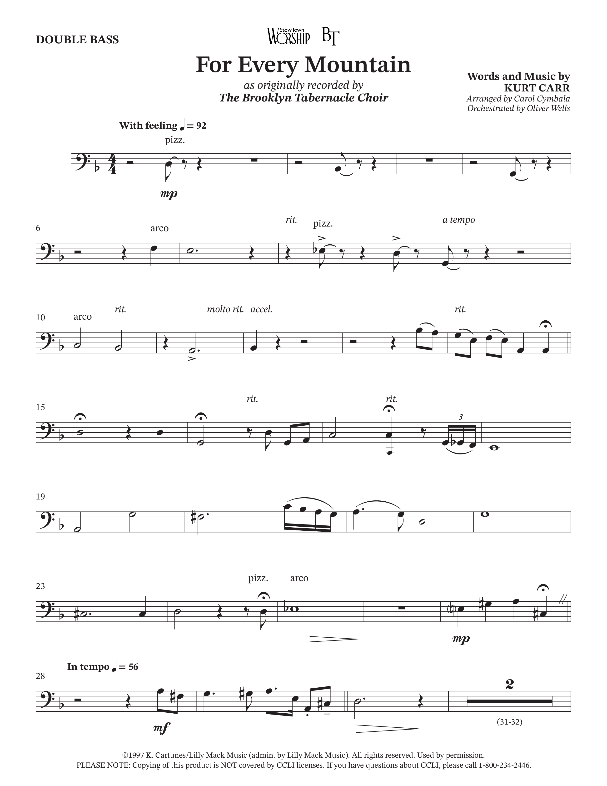 For Every Mountain (Choral Anthem SATB) Double Bass (The Brooklyn Tabernacle Choir / Arr. Carol Cymbala / Orch. Oliver Wells)