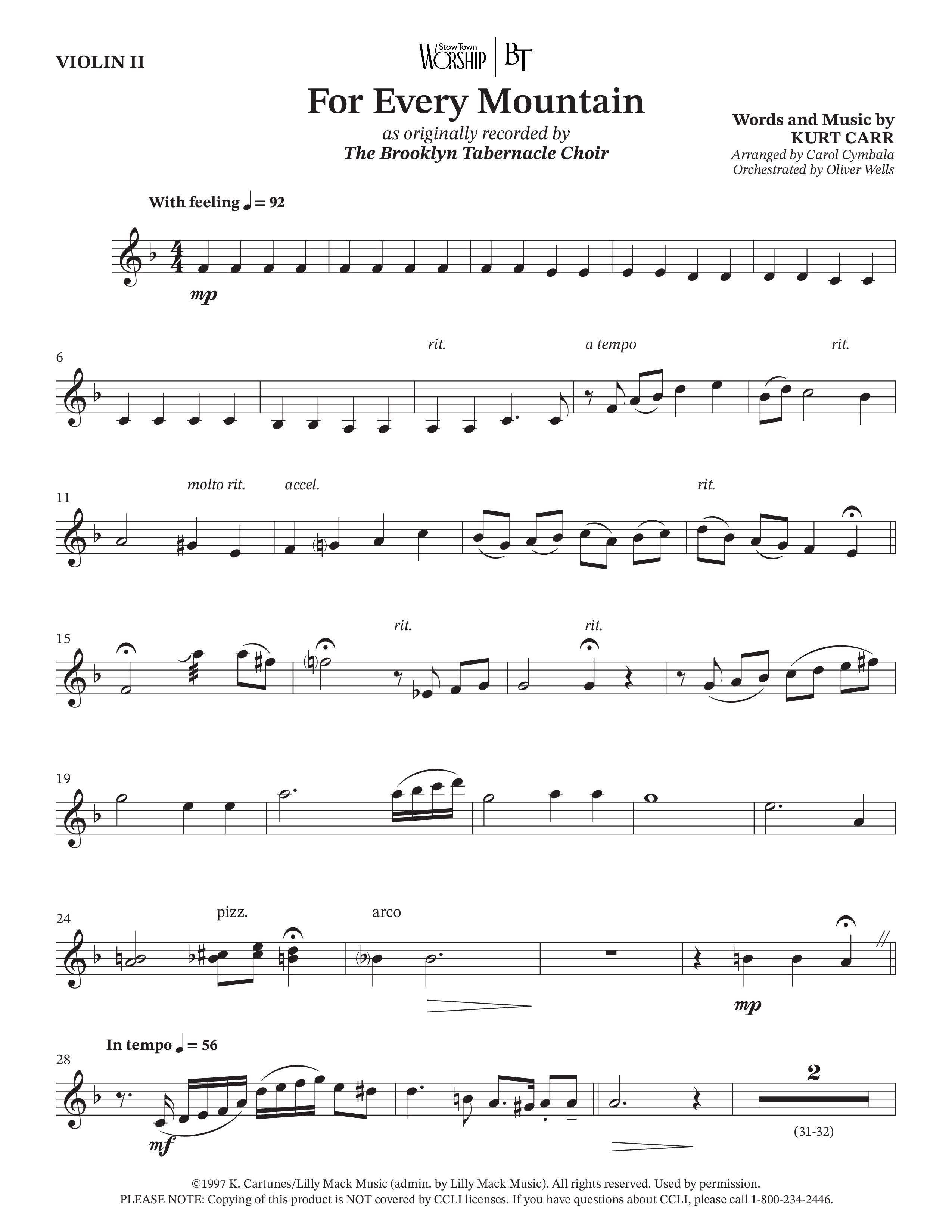 For Every Mountain (Choral Anthem SATB) Violin 2 (The Brooklyn Tabernacle Choir / Arr. Carol Cymbala / Orch. Oliver Wells)