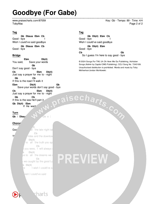Goodbye (For Gabe) Chords & Lyrics (TobyMac)