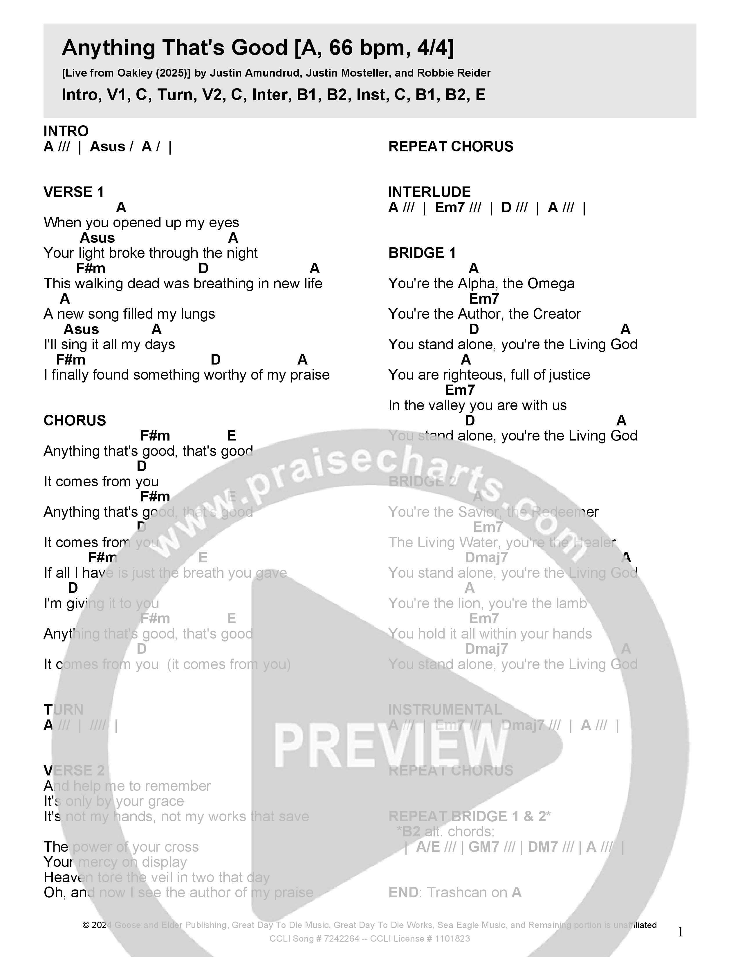 Anything That's Good (Live) Chord Chart (Crossroads Music)