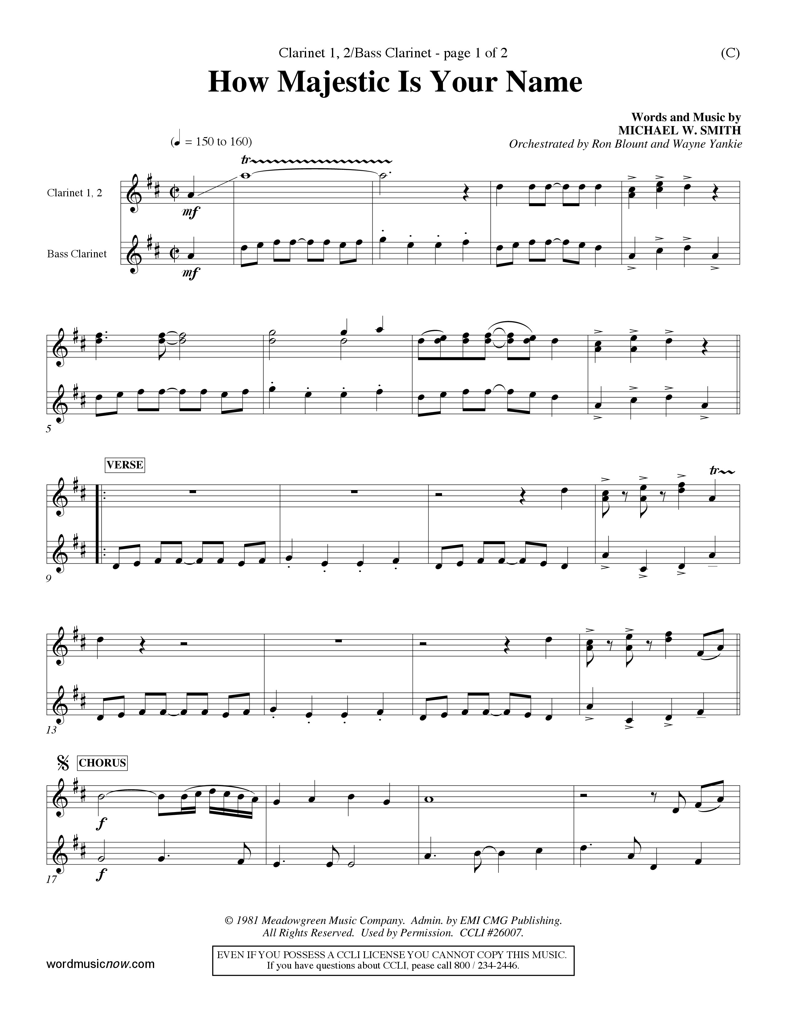 How Majestic Is Your Name (Choral Anthem SATB) Clarinet 1/2, Bass Clarinet (Word Music Choral / Orch. Ron Blount / Orch. Wayne Yankie)