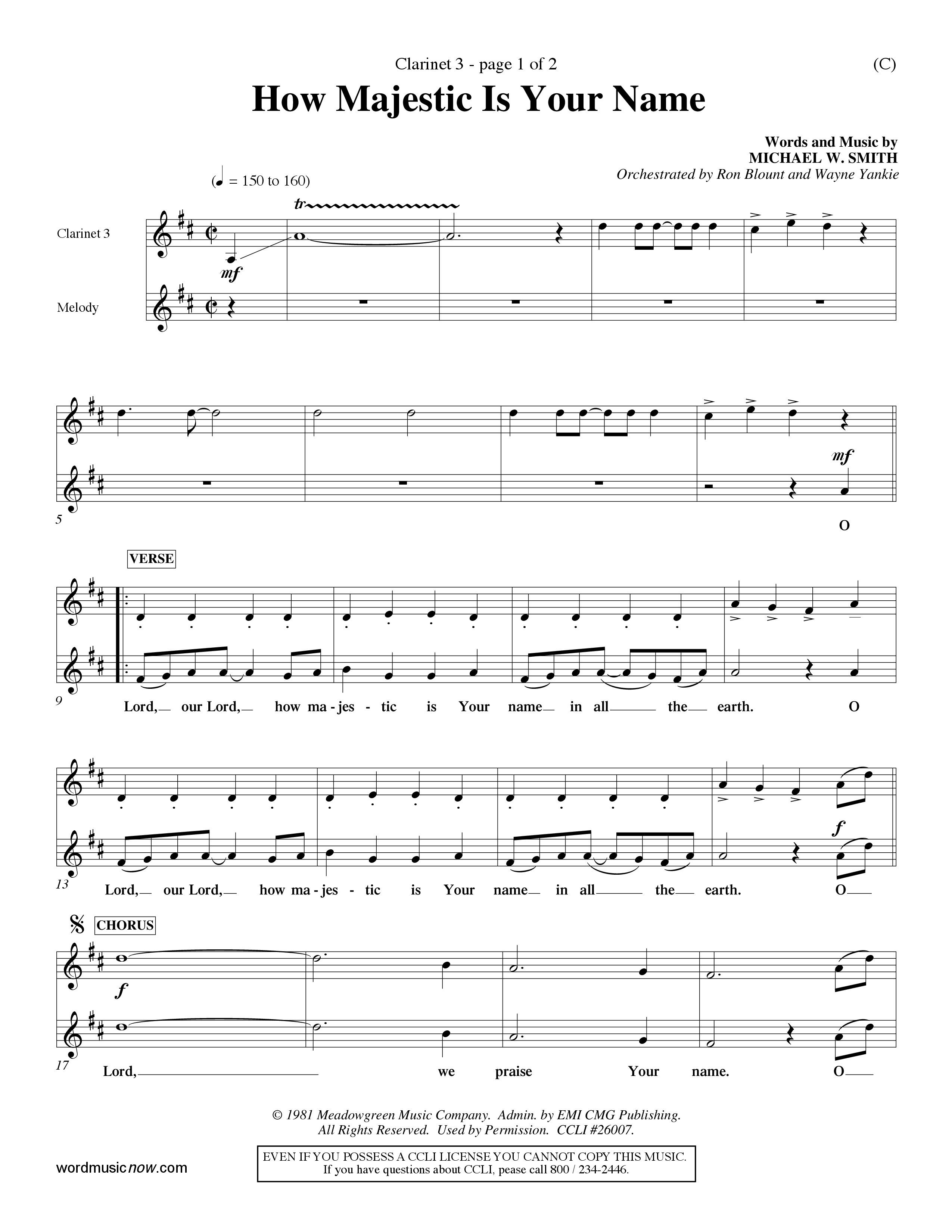 How Majestic Is Your Name (Choral Anthem SATB) Clarinet 3 (Word Music Choral / Orch. Ron Blount / Orch. Wayne Yankie)