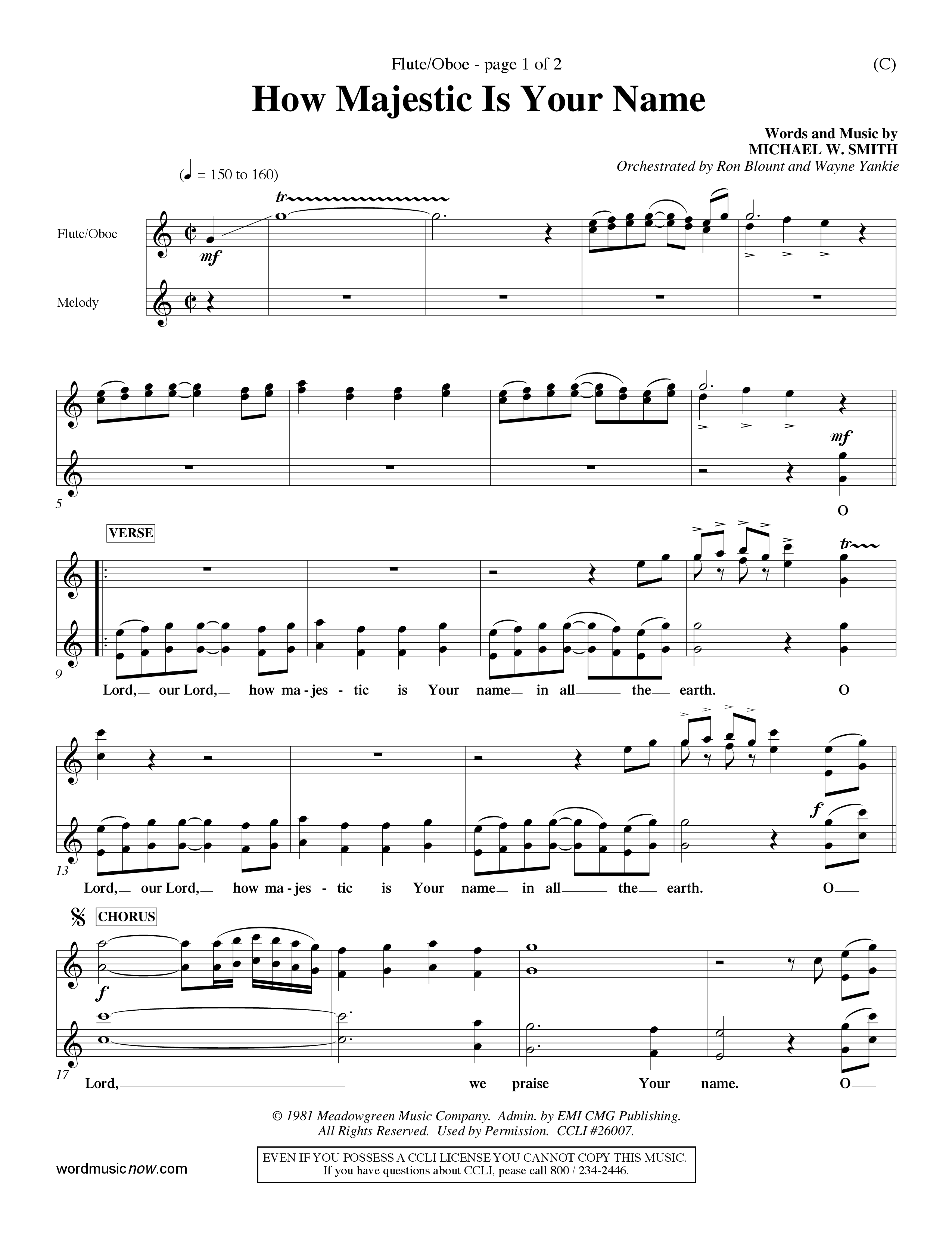 How Majestic Is Your Name (Choral Anthem SATB) Flute/Oboe (Word Music Choral / Orch. Ron Blount / Orch. Wayne Yankie)