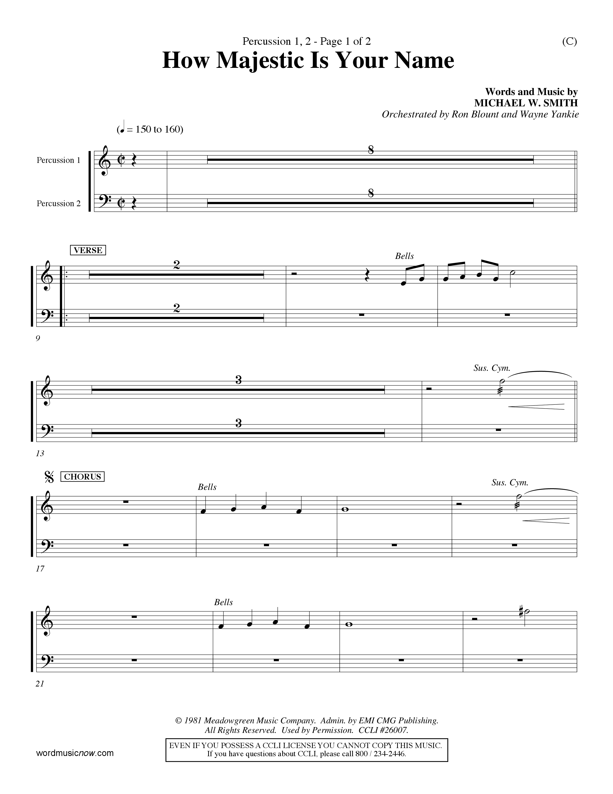 How Majestic Is Your Name (Choral Anthem SATB) Percussion 1/2 (Word Music Choral / Orch. Ron Blount / Orch. Wayne Yankie)