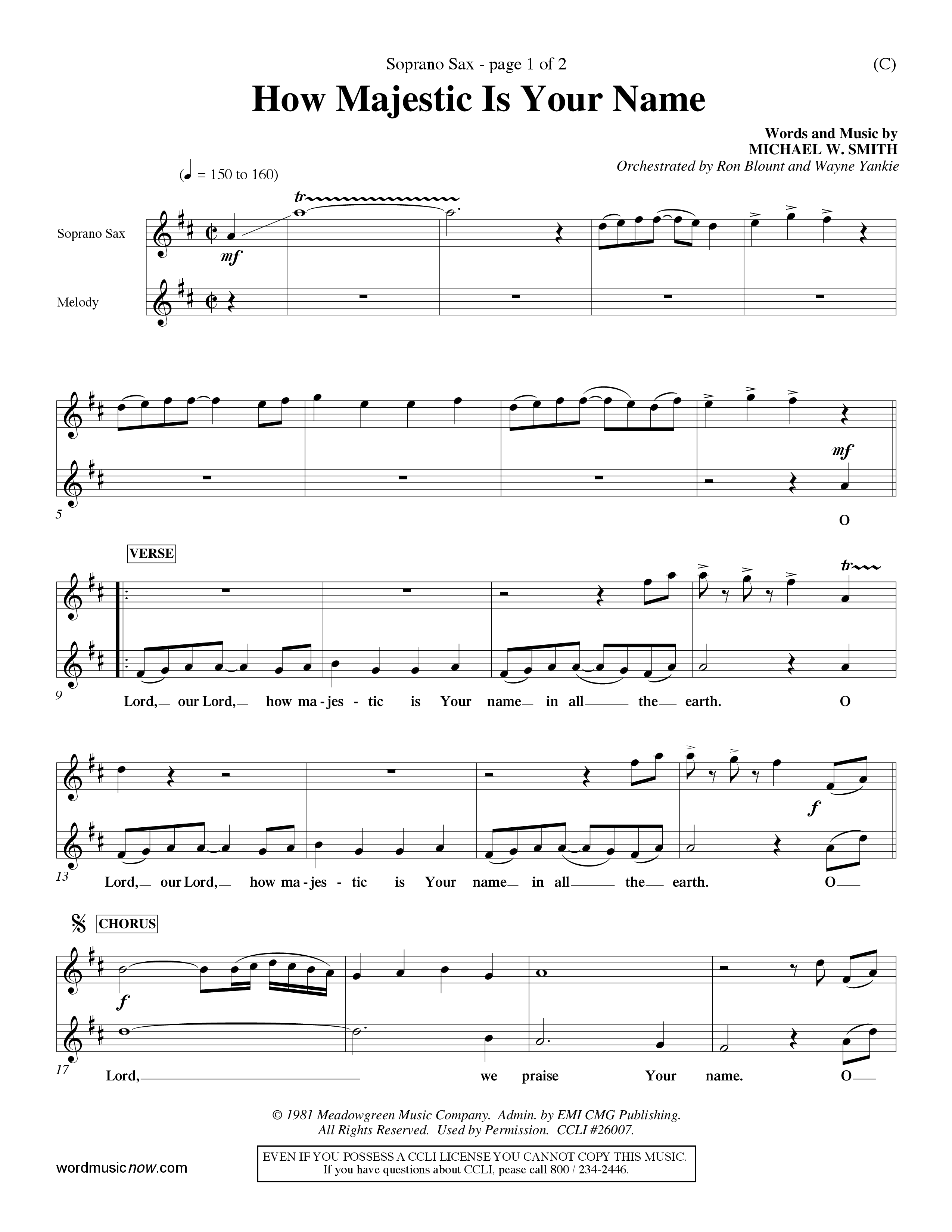 How Majestic Is Your Name (Choral Anthem SATB) Saxophone (Word Music Choral / Orch. Ron Blount / Orch. Wayne Yankie)