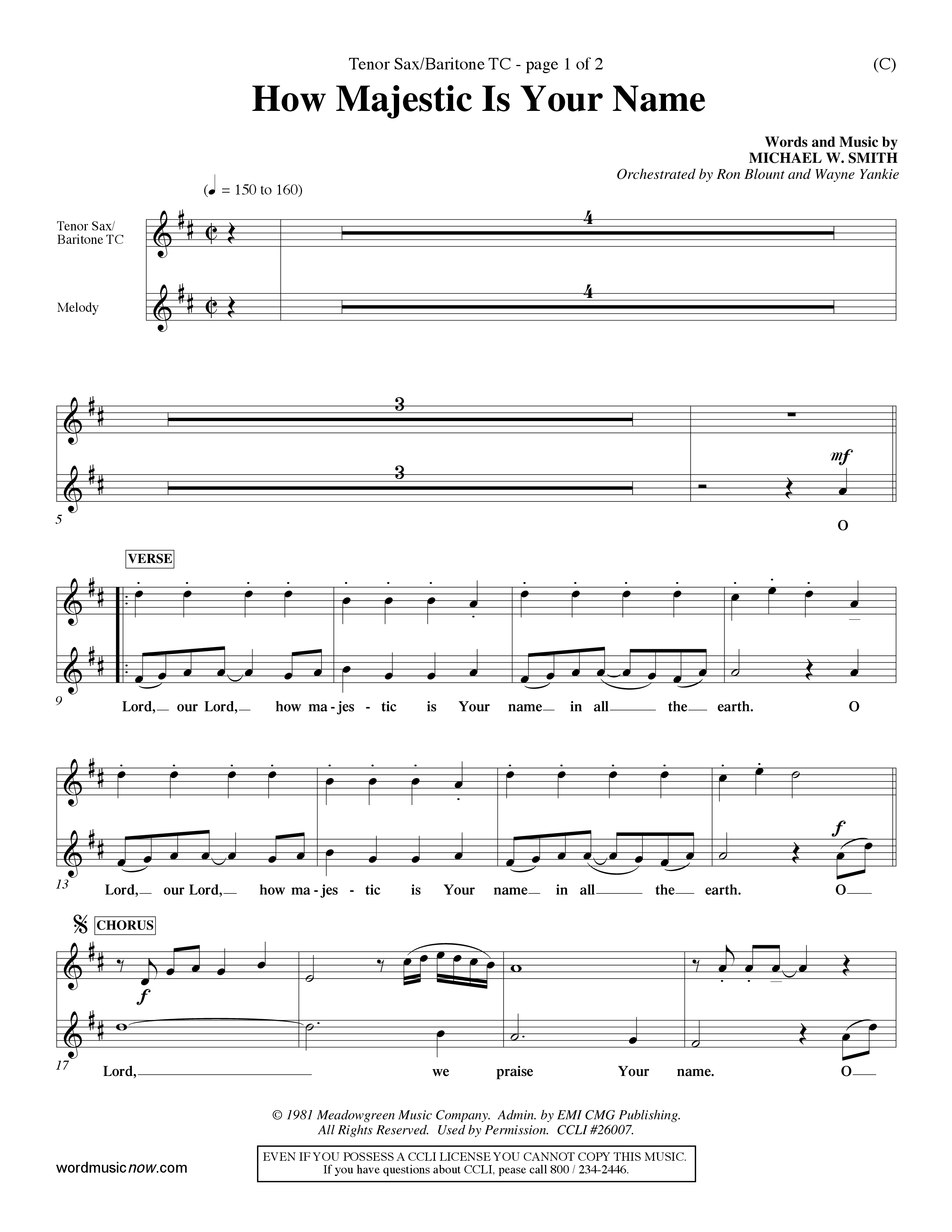 How Majestic Is Your Name (Choral Anthem SATB) Tenor Sax/Baritone T.C. (Word Music Choral / Orch. Ron Blount / Orch. Wayne Yankie)