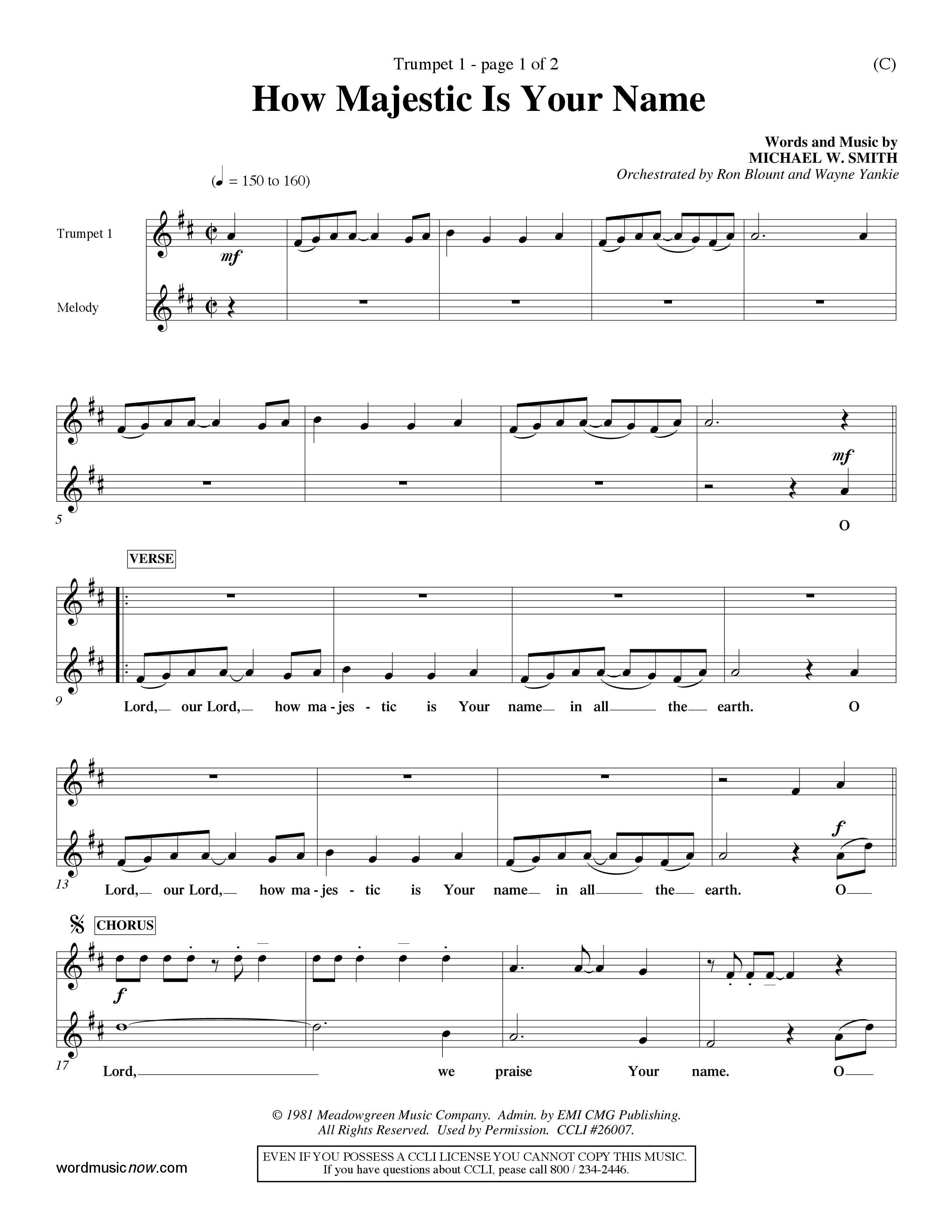 How Majestic Is Your Name (Choral Anthem SATB) Trumpet 1 (Word Music Choral / Orch. Ron Blount / Orch. Wayne Yankie)