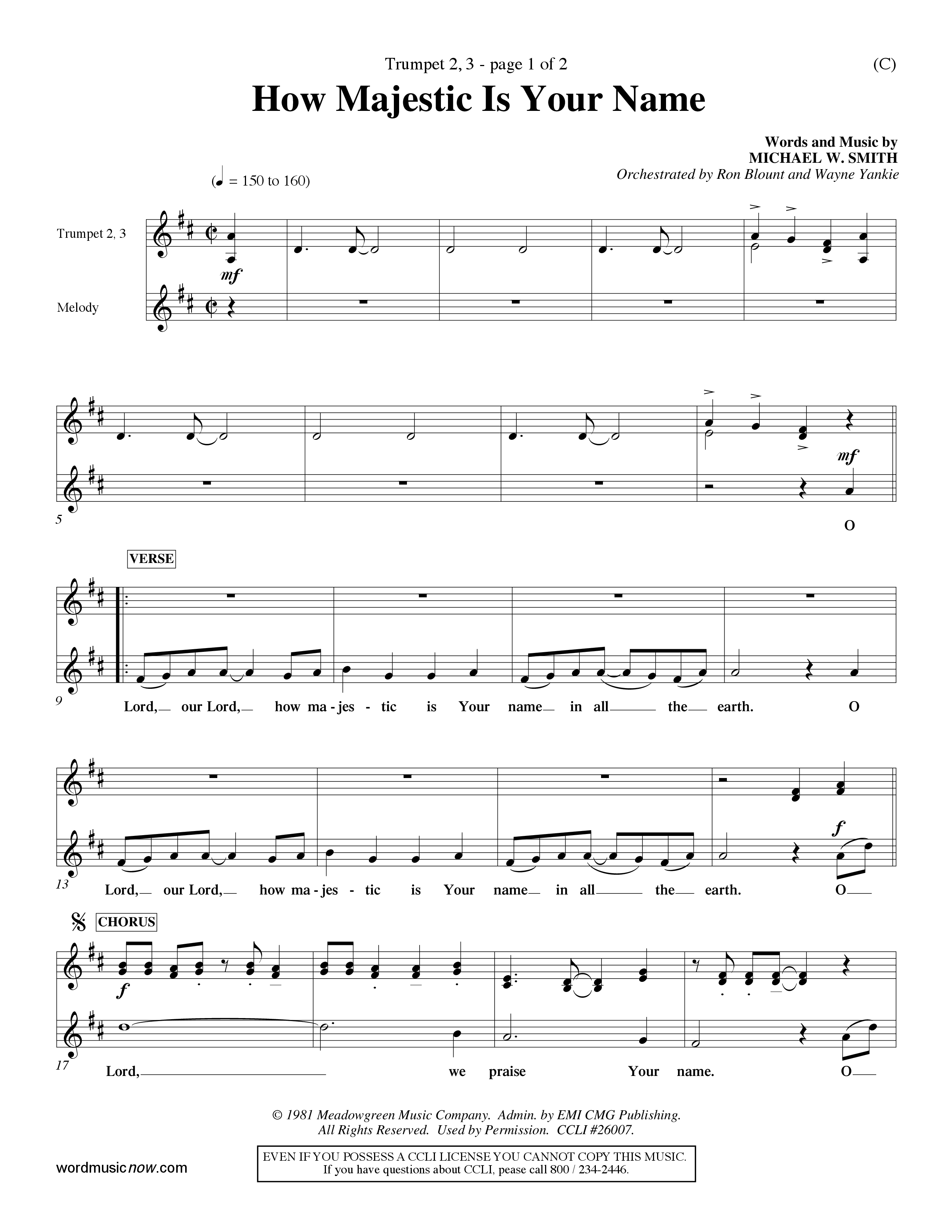 How Majestic Is Your Name (Choral Anthem SATB) Trumpet 2/3 (Word Music Choral / Orch. Ron Blount / Orch. Wayne Yankie)