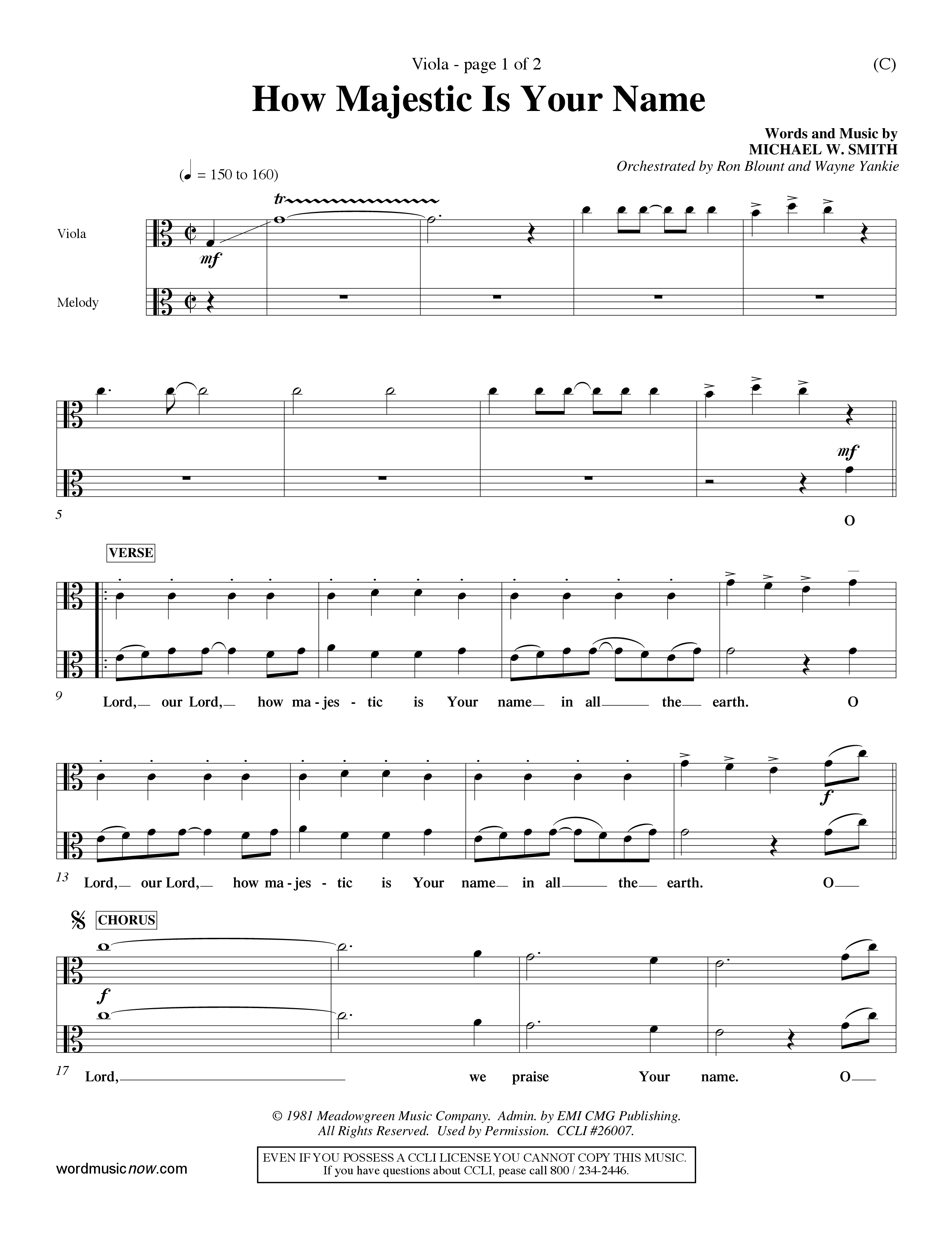 How Majestic Is Your Name (Choral Anthem SATB) Viola (Word Music Choral / Orch. Ron Blount / Orch. Wayne Yankie)