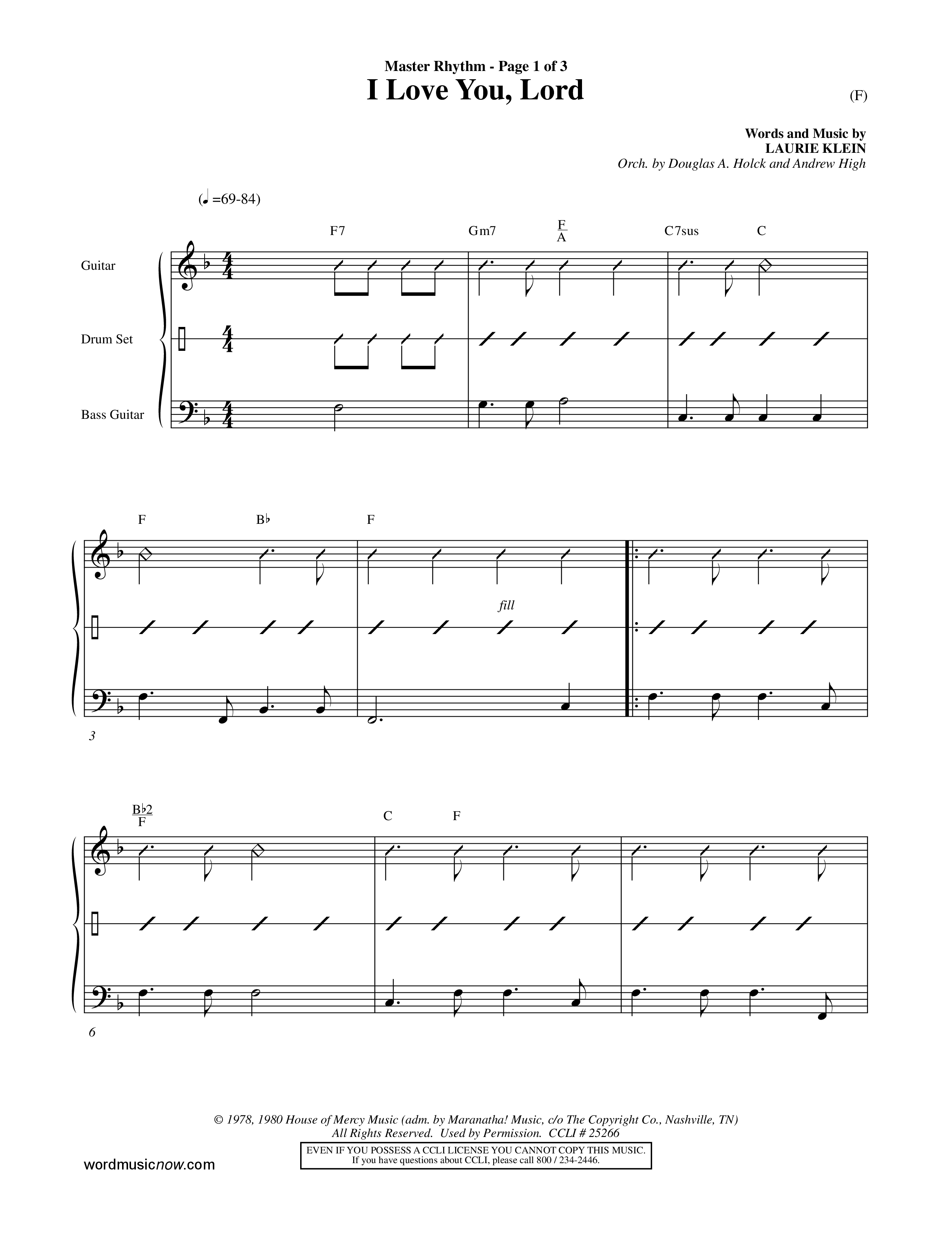I Love You Lord (Choral Anthem SATB) Rhythm Chart (Word Music Choral / Orch. Douglas Holck / Orch. Andrew High)