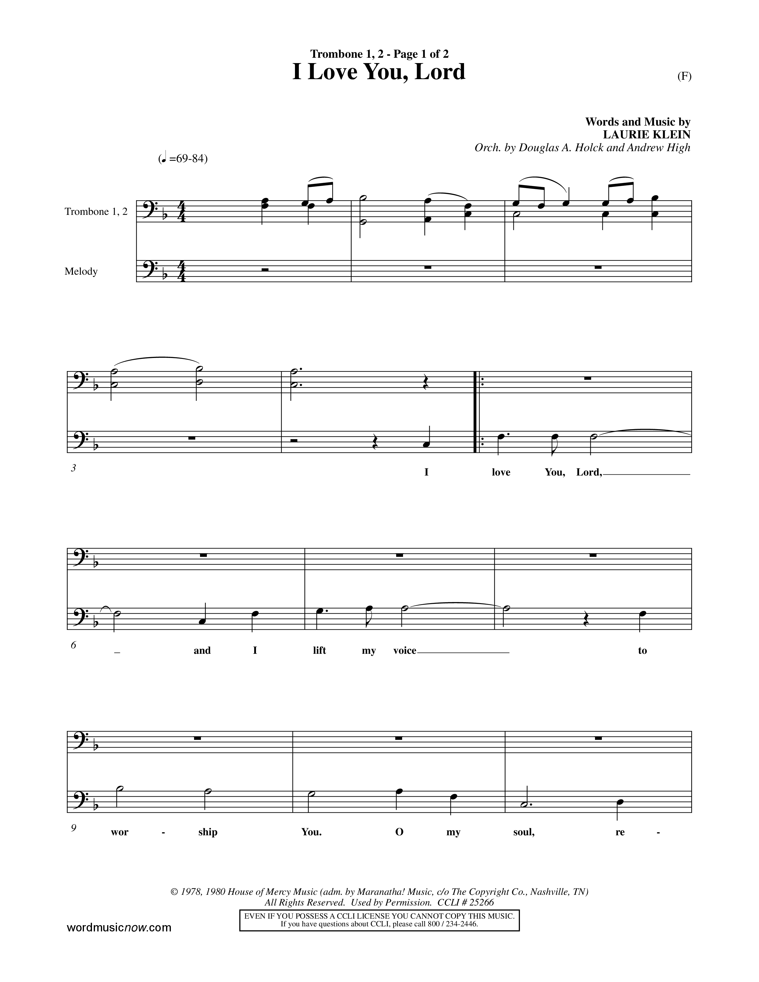 I Love You Lord (Choral Anthem SATB) Trombone 1/2 (Word Music Choral / Orch. Douglas Holck / Orch. Andrew High)