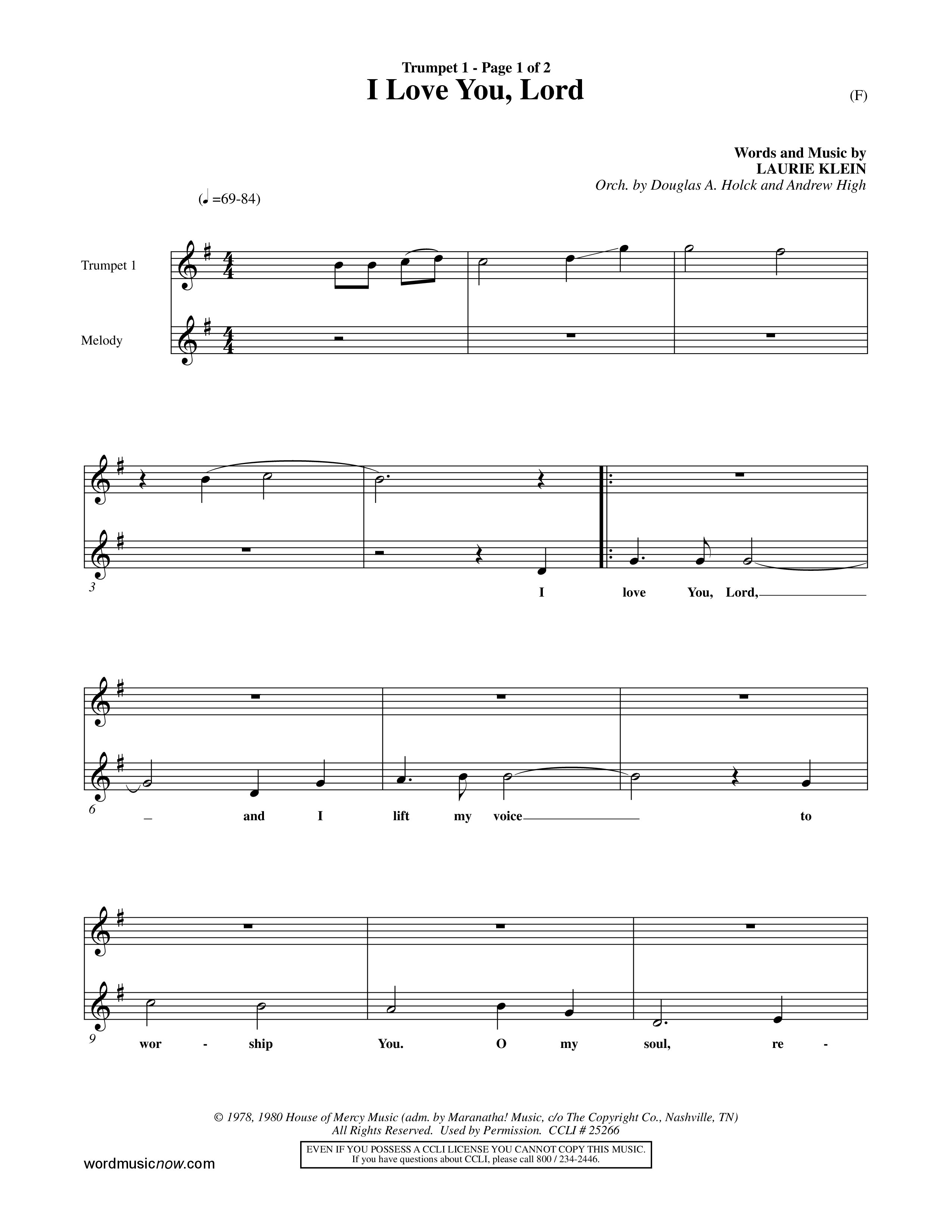 I Love You Lord (Choral Anthem SATB) Trumpet 1 (Word Music Choral / Orch. Douglas Holck / Orch. Andrew High)