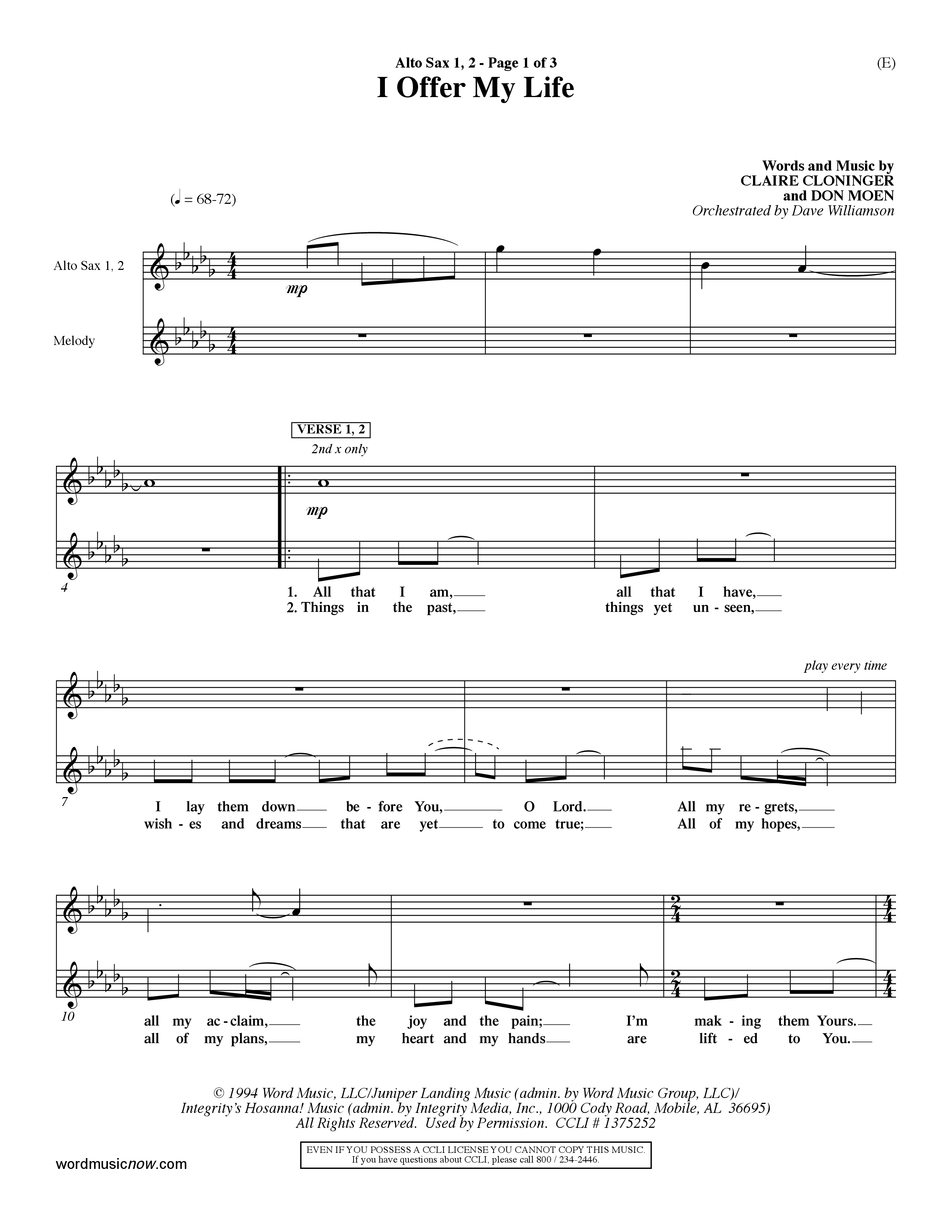 I Offer My Life (Choral Anthem SATB) Alto Sax 1/2 (Word Music Choral / Orch. Dave Williamson)