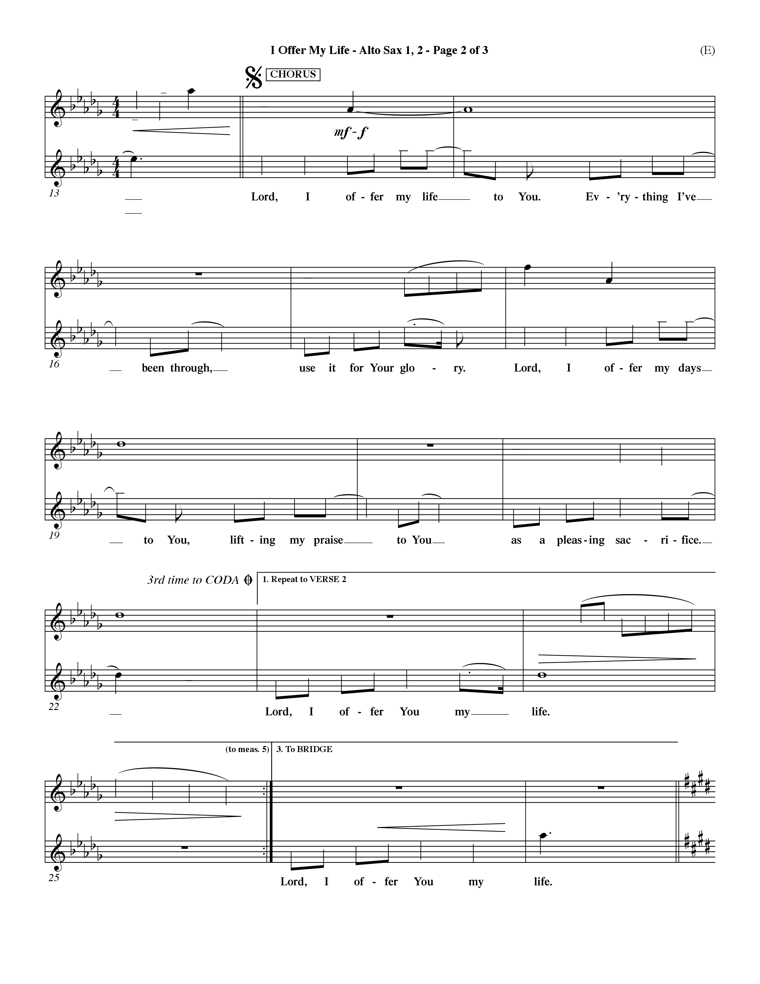 I Offer My Life (Choral Anthem SATB) Alto Sax 1/2 (Word Music Choral / Orch. Dave Williamson)