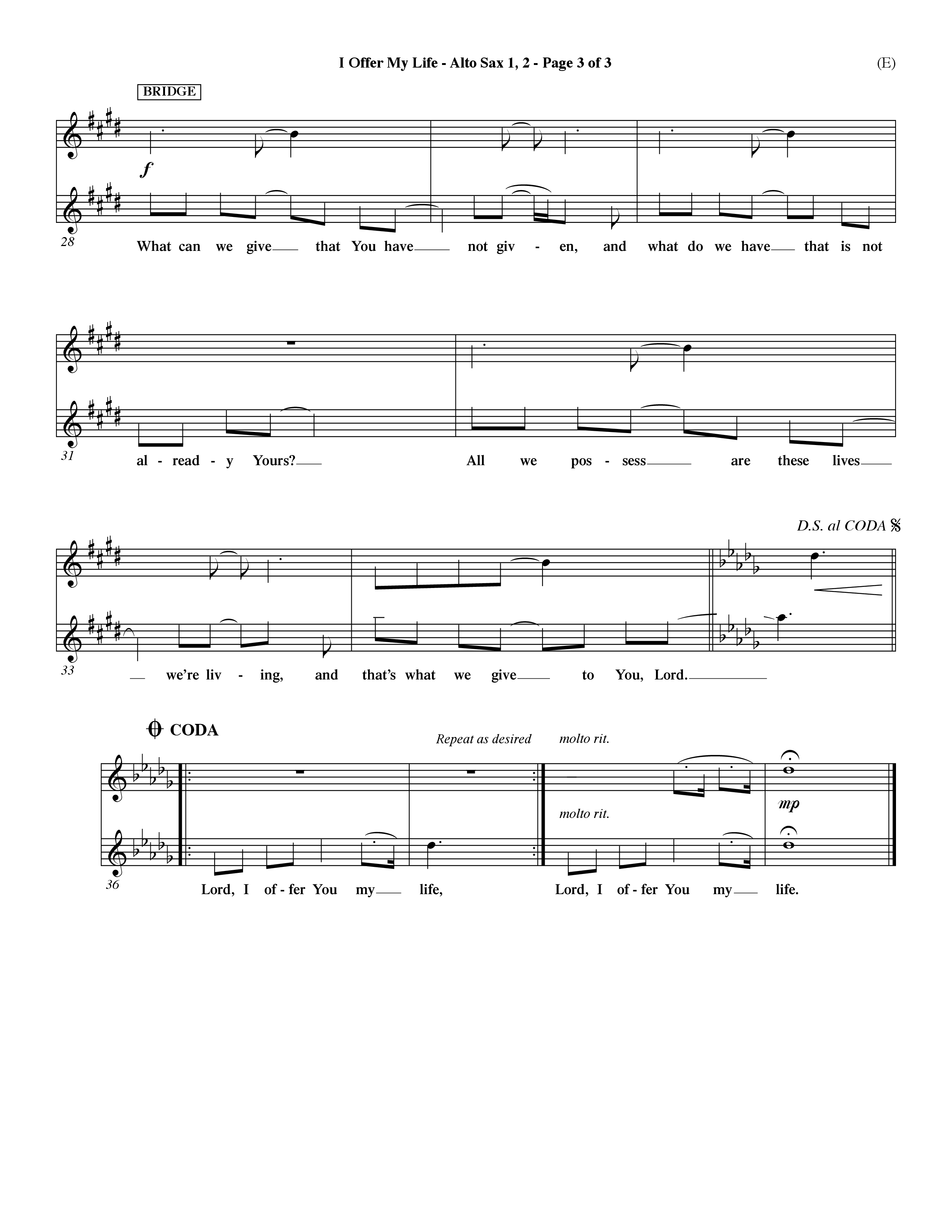 I Offer My Life (Choral Anthem SATB) Alto Sax 1/2 (Word Music Choral / Orch. Dave Williamson)