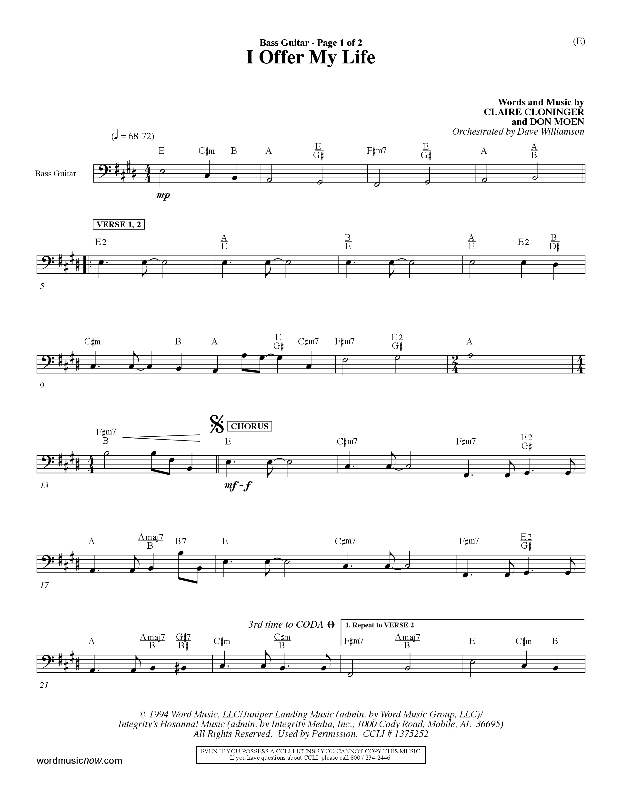 I Offer My Life (Choral Anthem SATB) Bass Guitar (Word Music Choral / Orch. Dave Williamson)