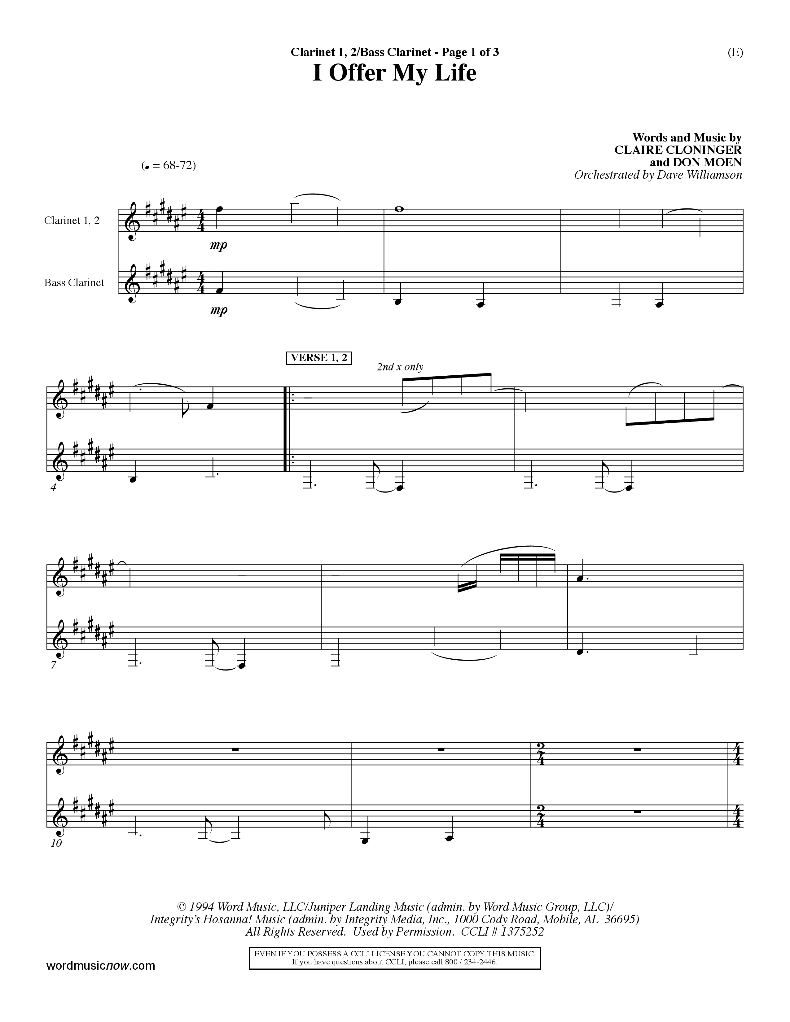 I Offer My Life (Choral Anthem SATB) Clarinet 1/2, Bass Clarinet (Word Music Choral / Orch. Dave Williamson)