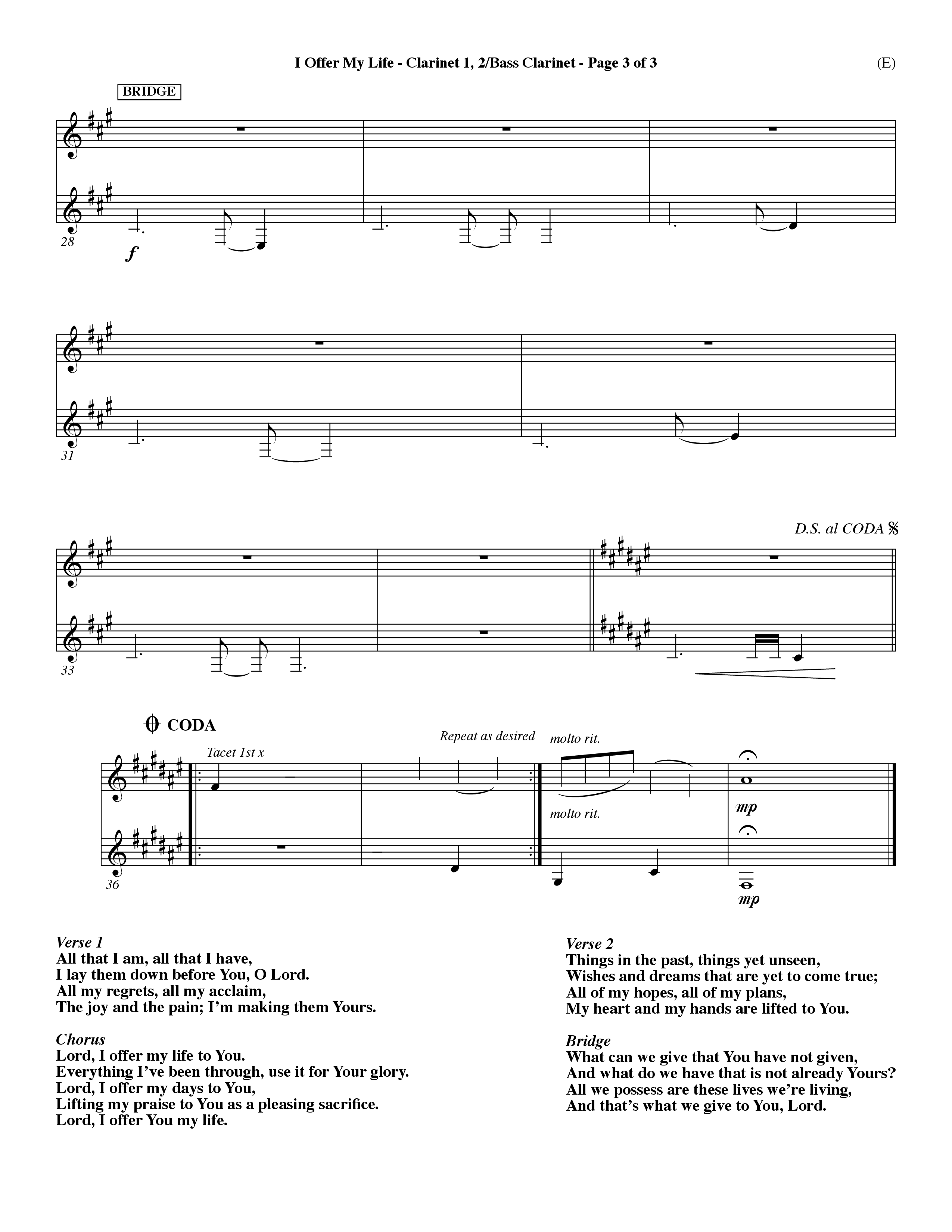 I Offer My Life (Choral Anthem SATB) Clarinet 1/2, Bass Clarinet (Word Music Choral / Orch. Dave Williamson)