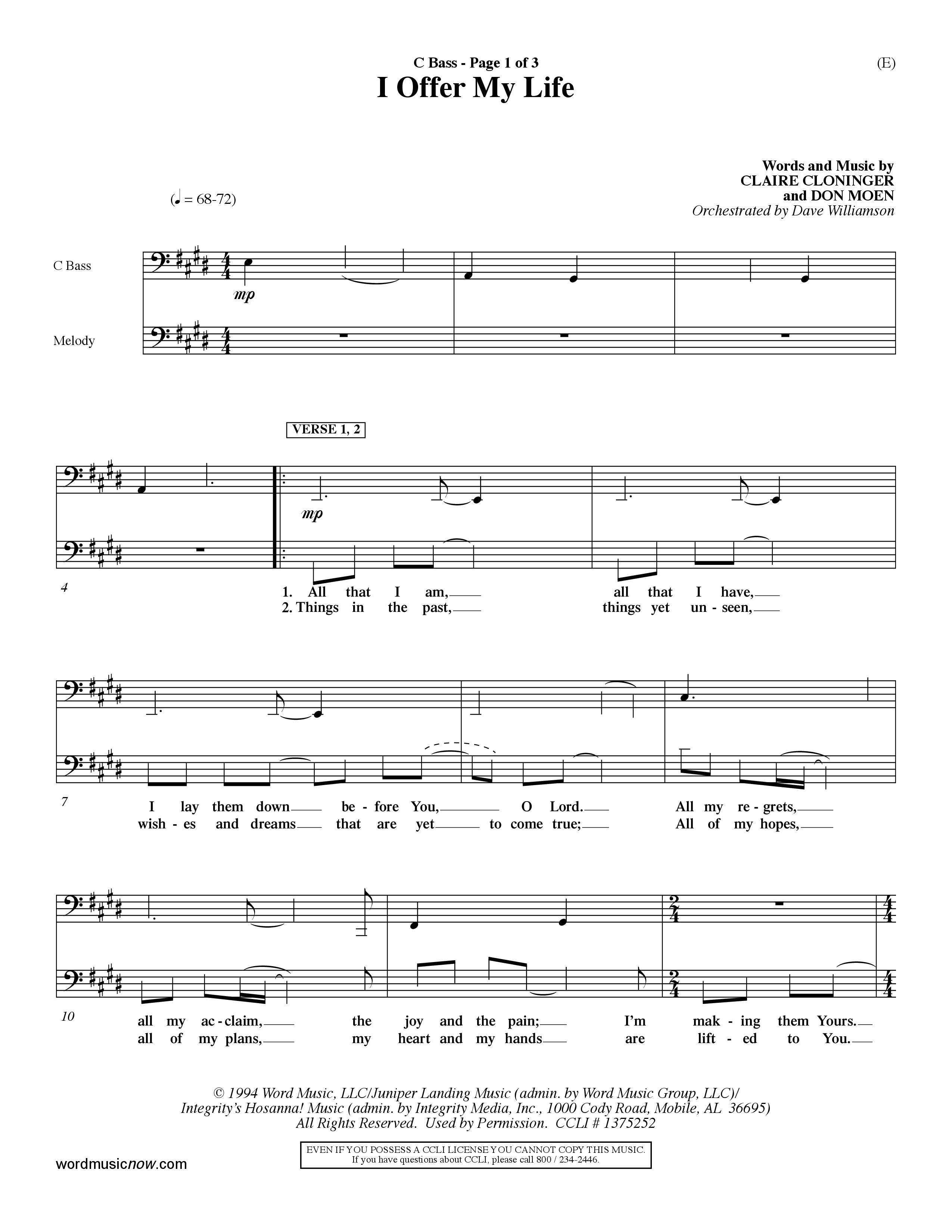 I Offer My Life (Choral Anthem SATB) Contrabass (Word Music Choral / Orch. Dave Williamson)