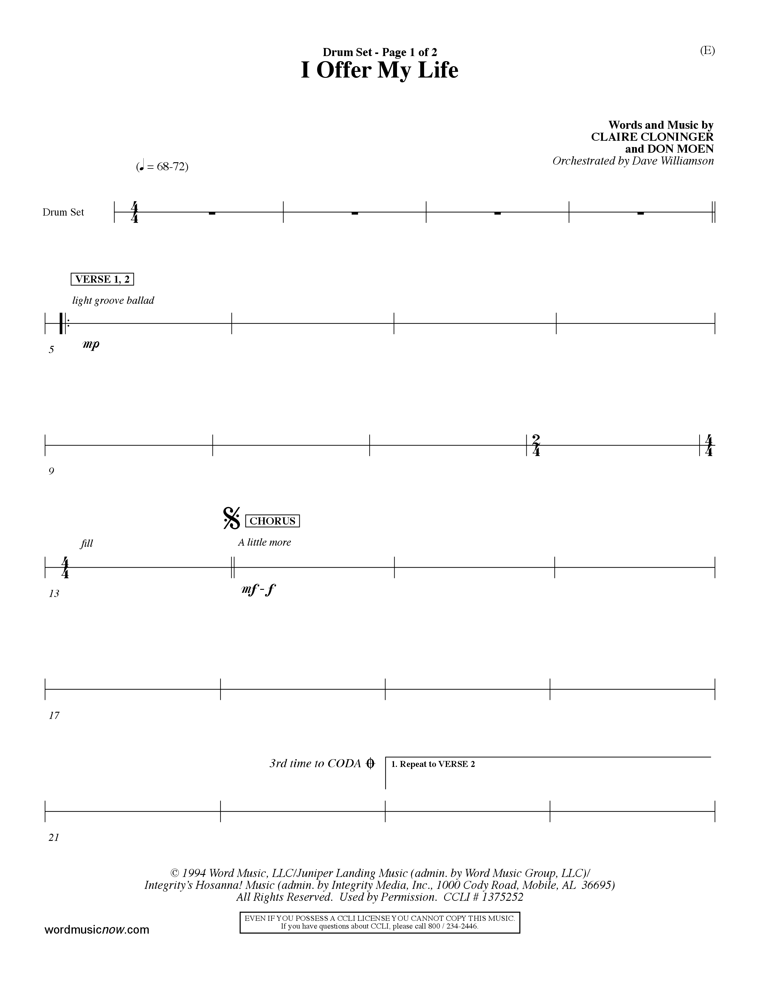 I Offer My Life (Choral Anthem SATB) Drum Set (Word Music Choral / Orch. Dave Williamson)