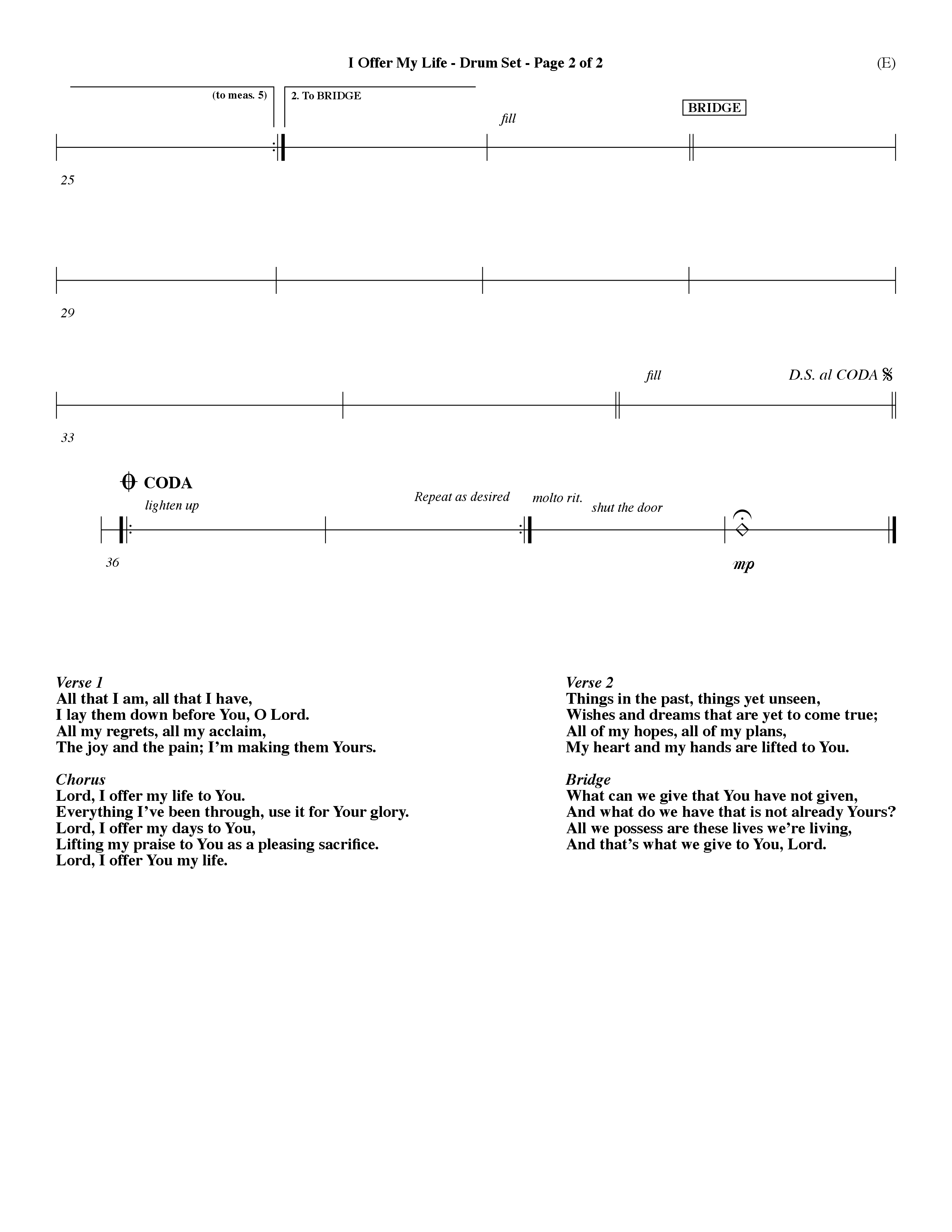 I Offer My Life (Choral Anthem SATB) Drum Set (Word Music Choral / Orch. Dave Williamson)