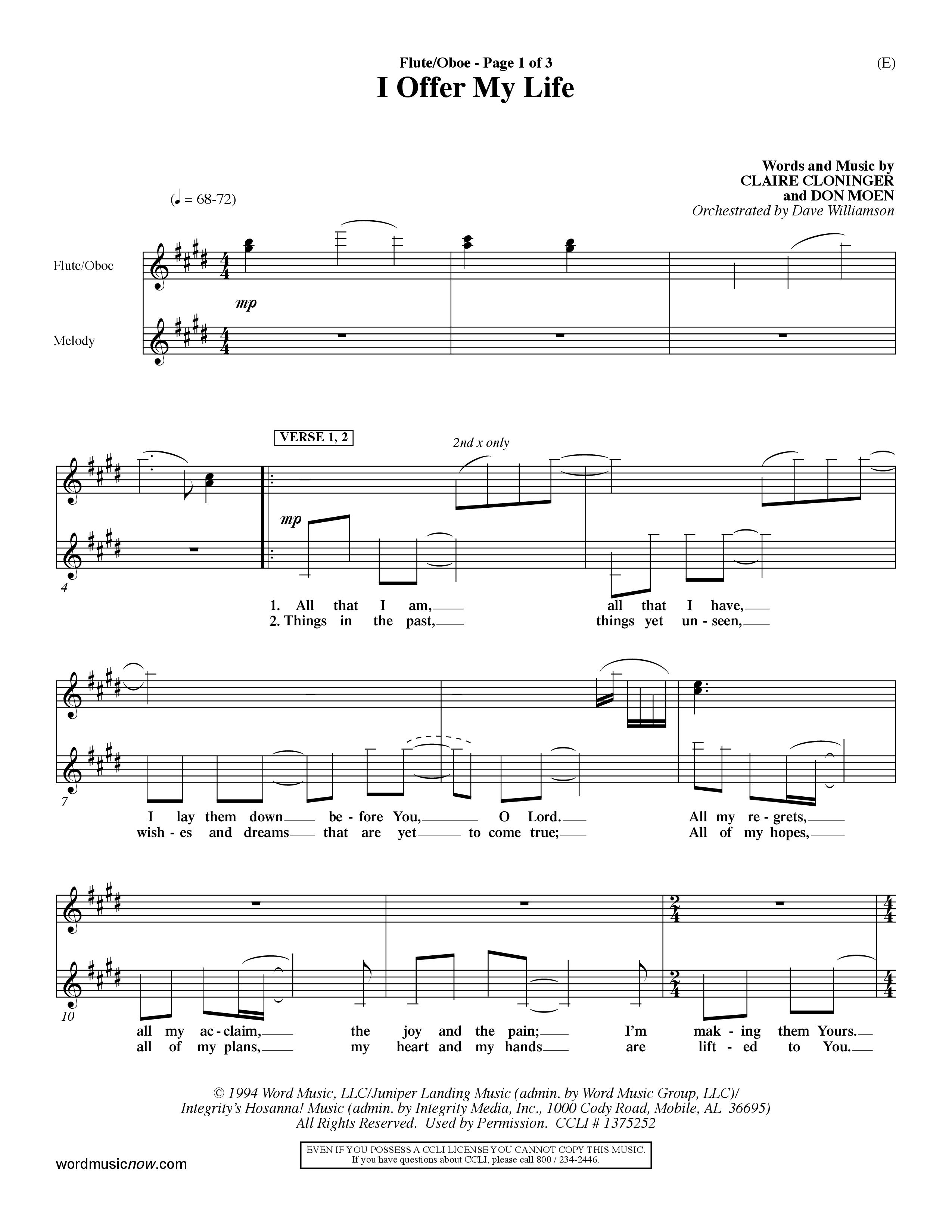 I Offer My Life (Choral Anthem SATB) Flute/Oboe (Word Music Choral / Orch. Dave Williamson)